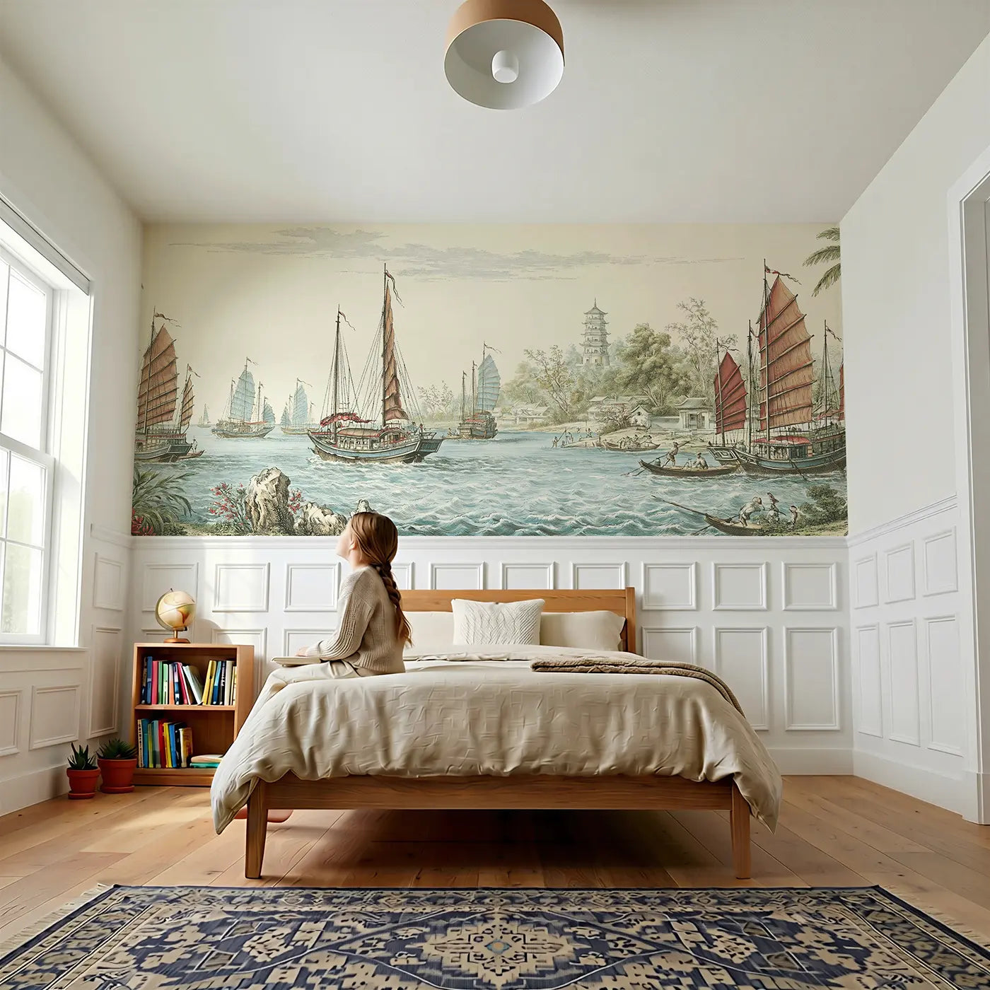 Sailing Junk Harbor Toile Wainscoting Wallpaper
