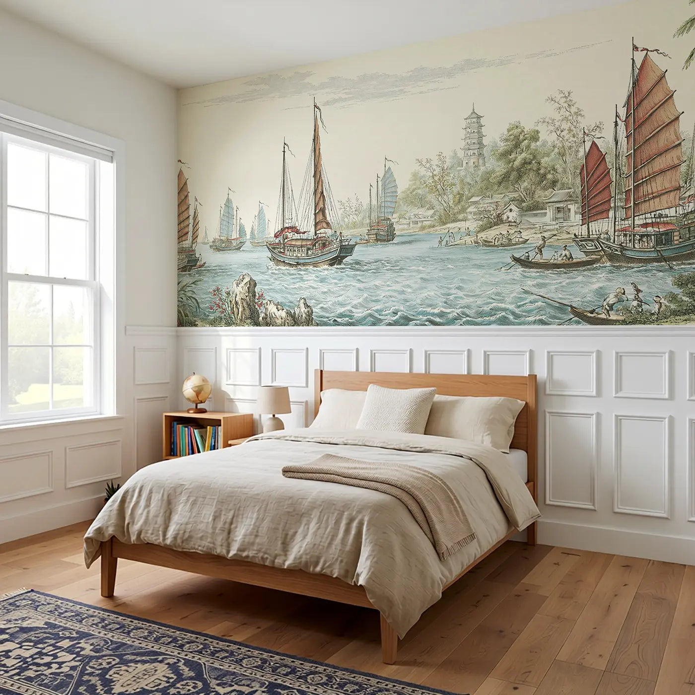 Sailing Junk Harbor Toile Wainscoting Wallpaper