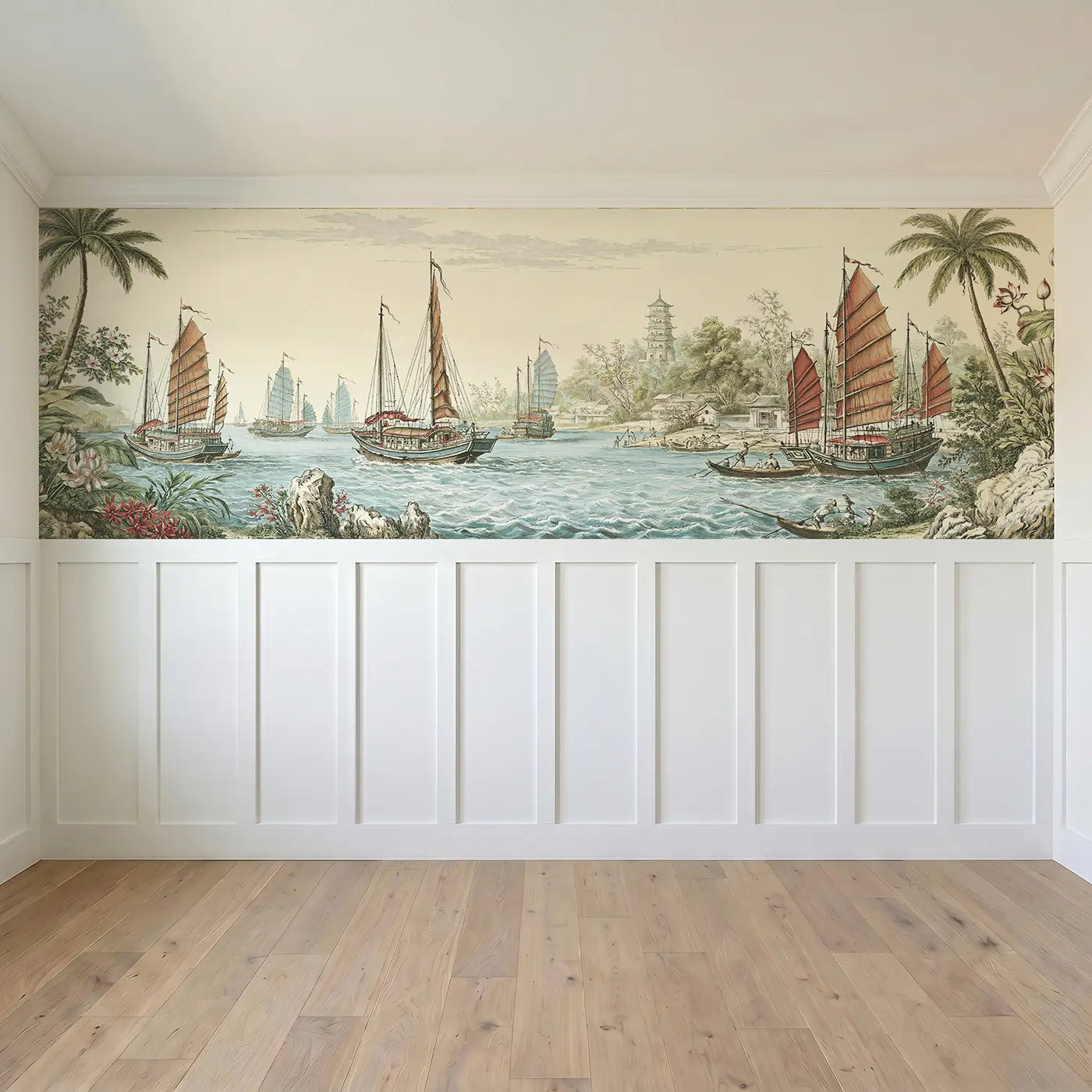 Sailing Junk Harbor Toile Wainscoting Wallpaper