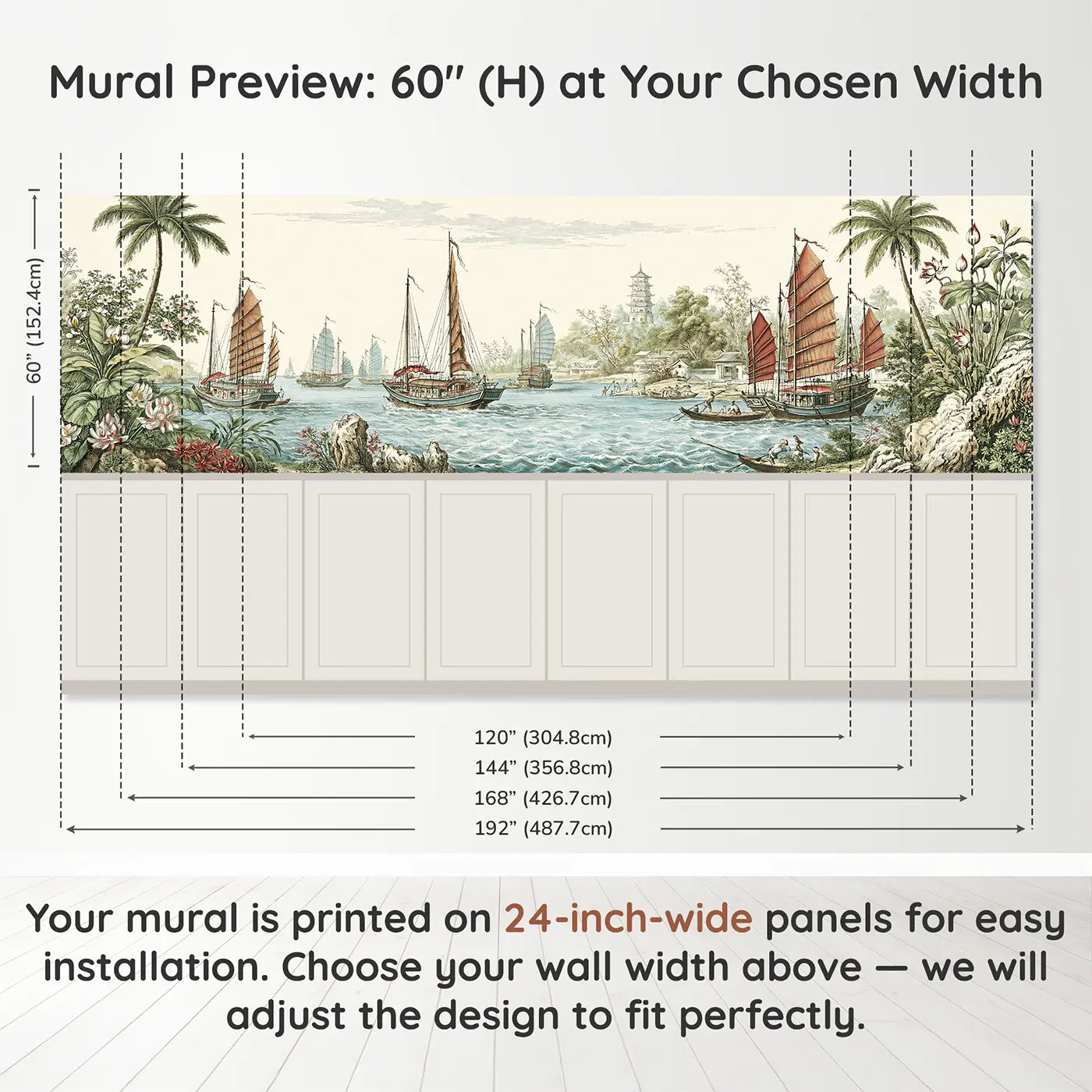 Sailing Junk Harbor Toile Wainscoting Wallpaper