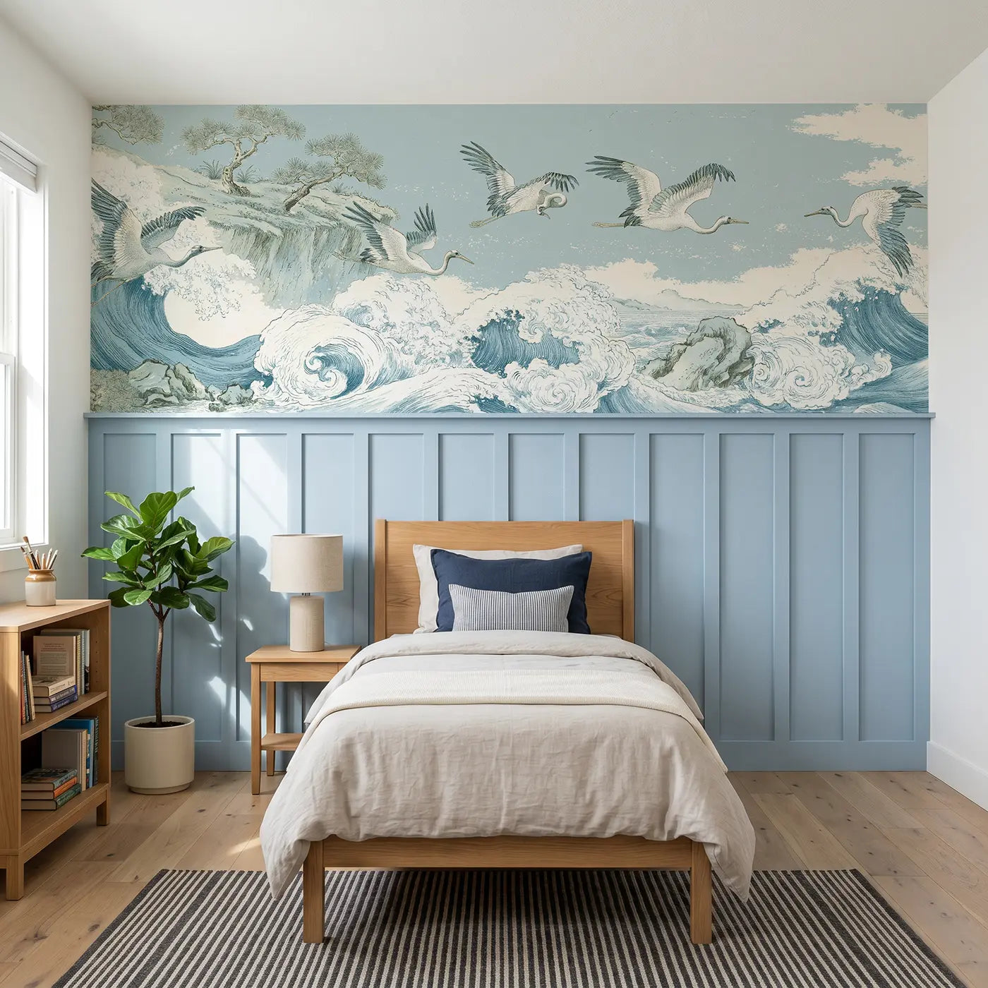 Botanical Elegance coastal crane wave scene wainscoting wallpaper for bedroom by Whimsy Tots