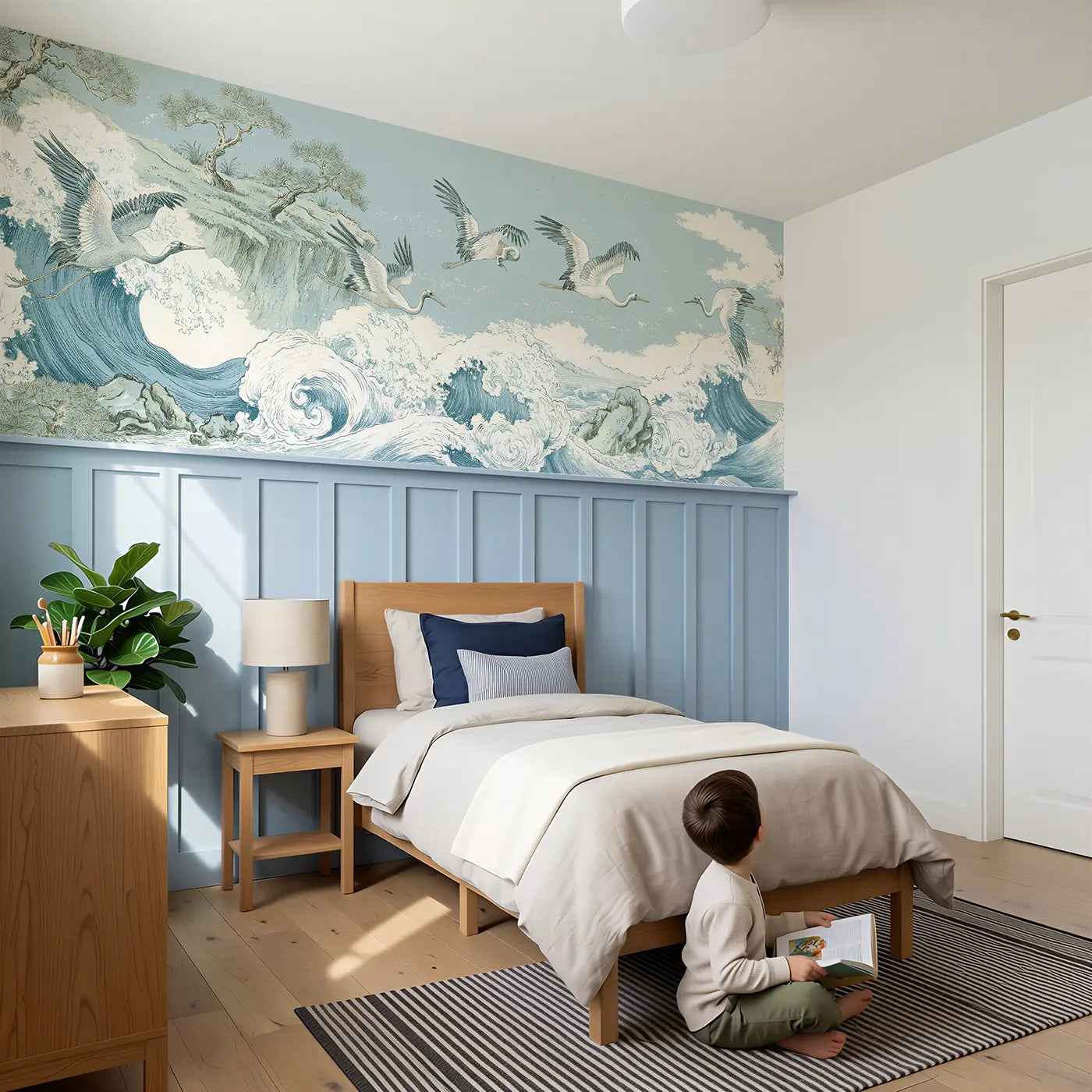 Child reading near Coastal Crane Wave Scene Wainscoting Wallpaper by Whimsy Tots