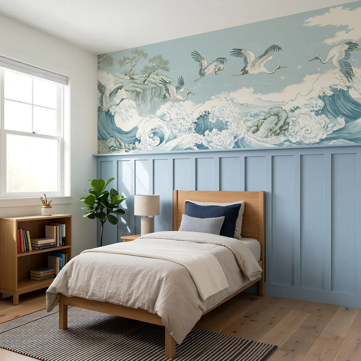 Coastal Crane Wave Scene Wainscoting Wallpaper styled in a kids bedroom by Whimsy Tots