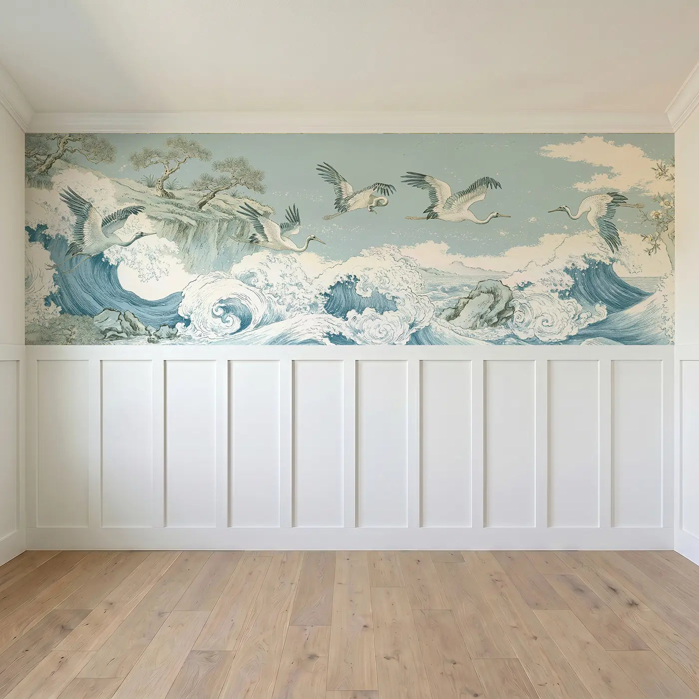 Full panel view of Coastal Crane Wave Scene Wainscoting Wallpaper by Whimsy Tots