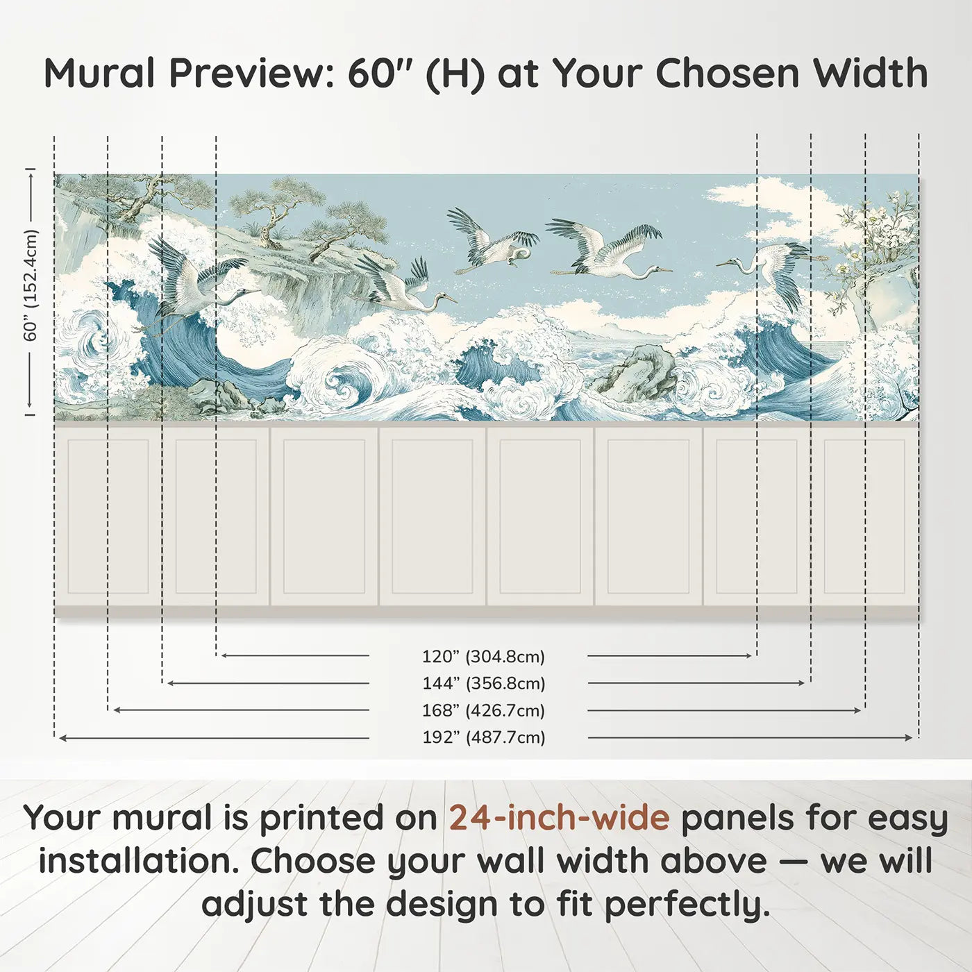 Panel dimensions for Coastal Crane Wave Scene Wainscoting Wallpaper by Whimsy Tots