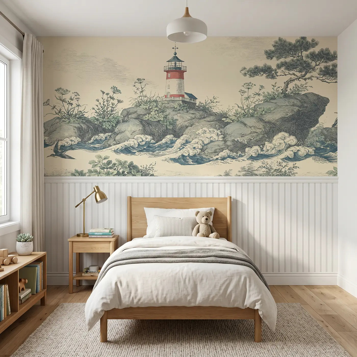 Botanical Elegance lighthouse island wainscoting wallpaper for bedroom by Whimsy Tots