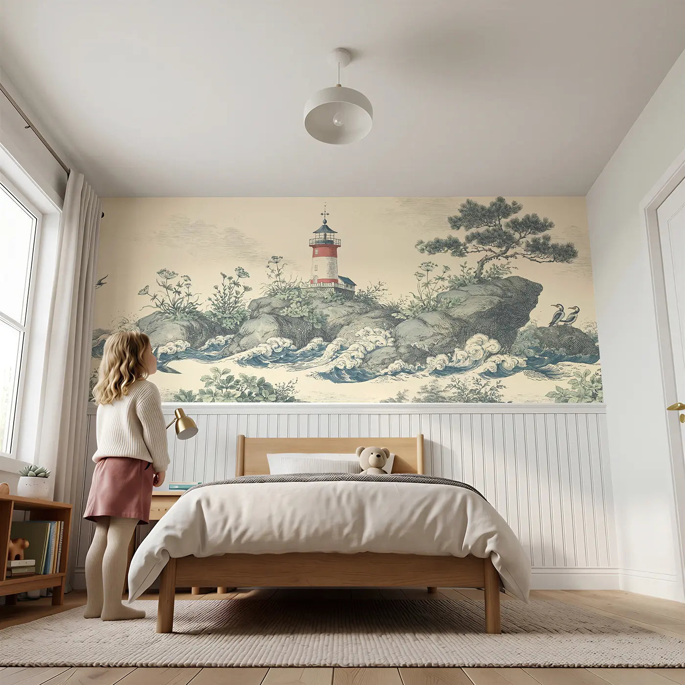 Child reading near Lighthouse Island Botanical Wainscoting Wallpaper by Whimsy Tots