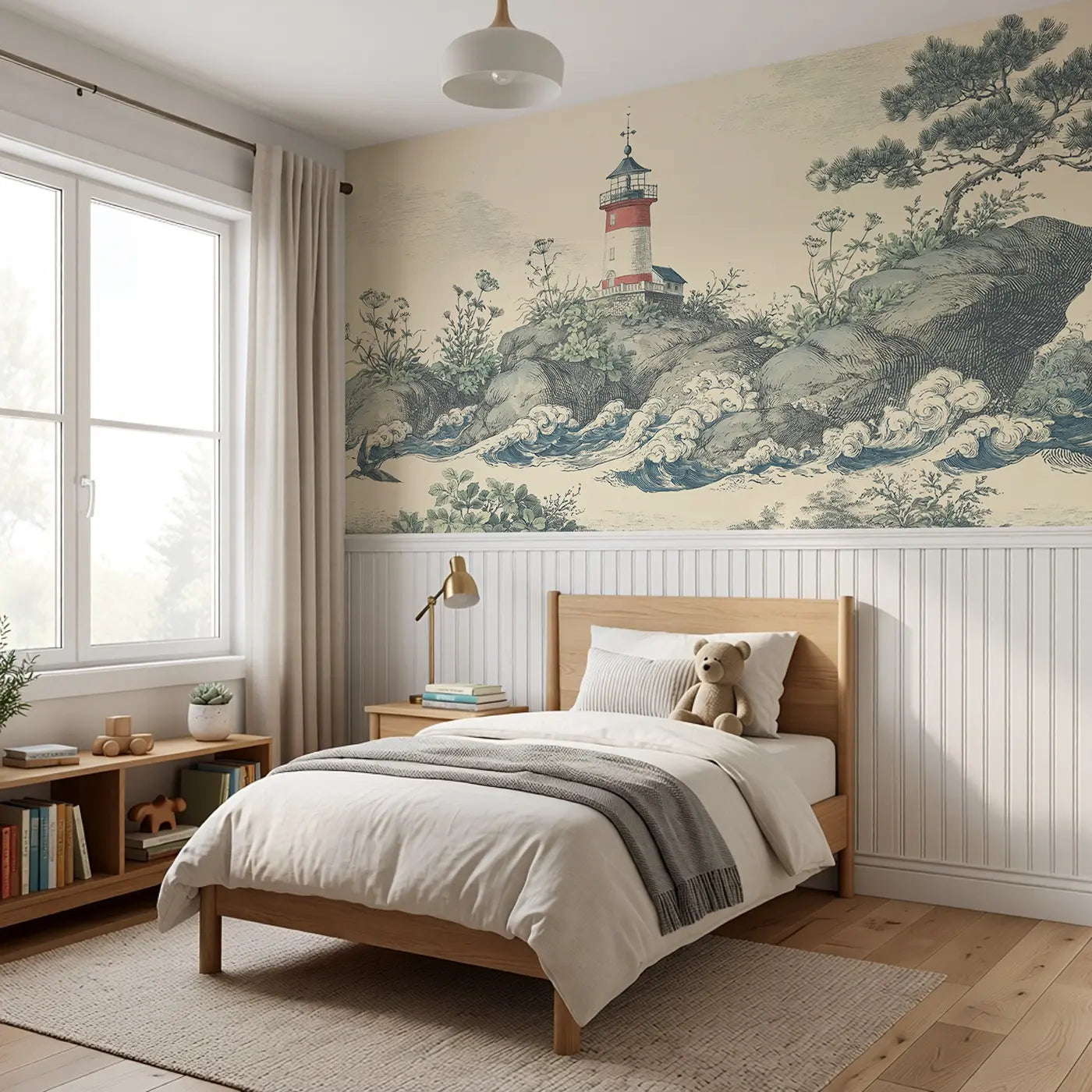 Lighthouse Island Botanical Wainscoting Wallpaper styled in a kids bedroom by Whimsy Tots
