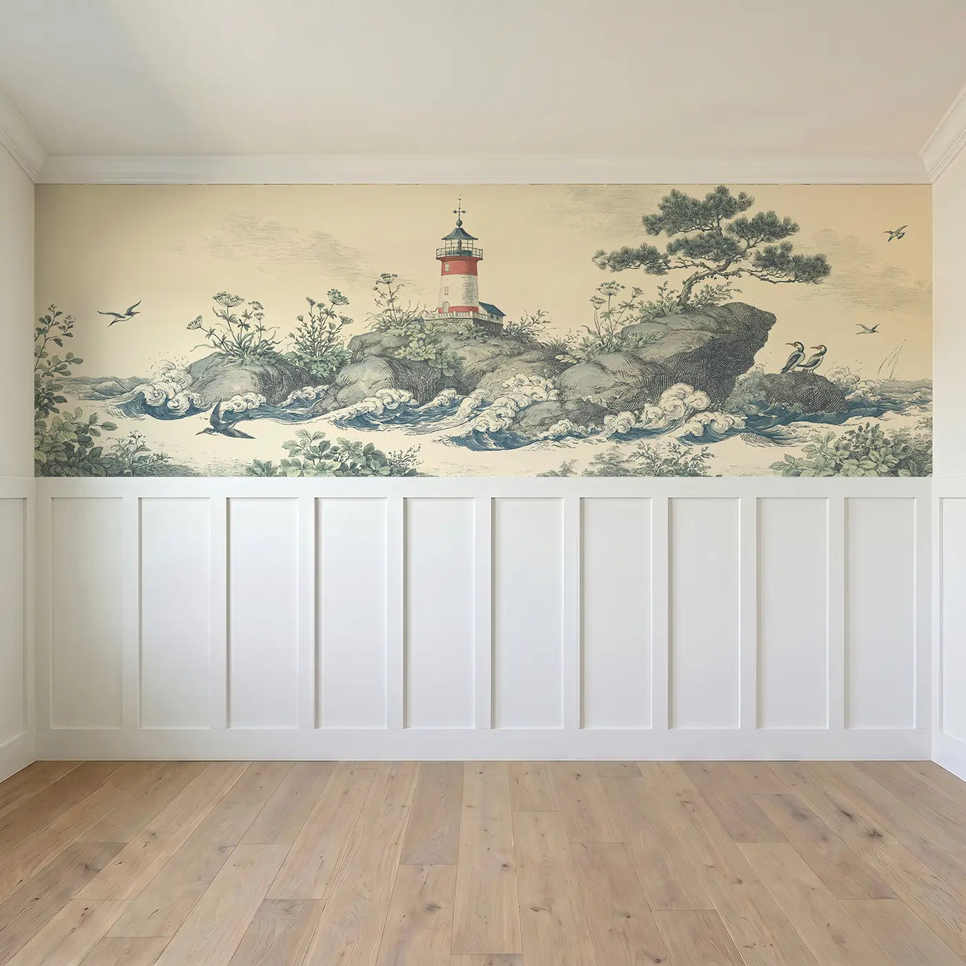 Full panel view of Lighthouse Island Botanical Wainscoting Wallpaper by Whimsy Tots