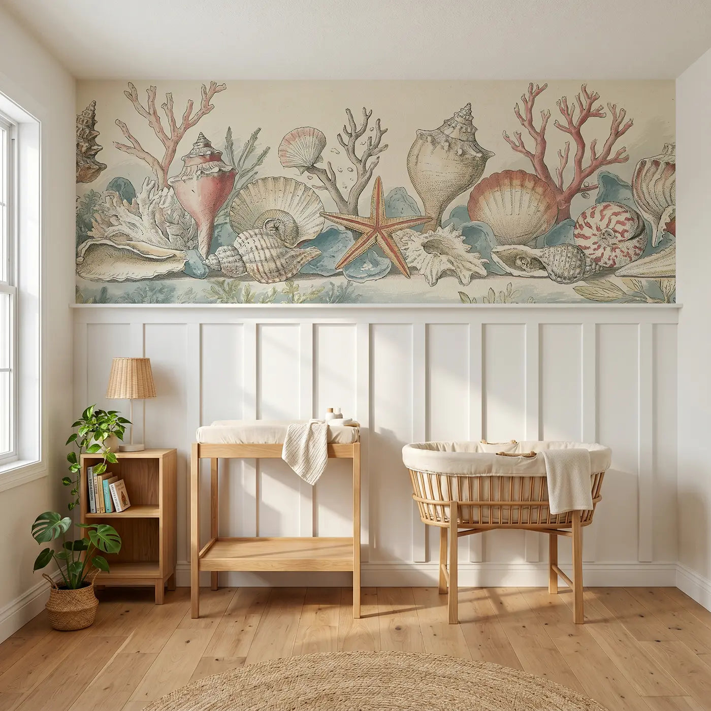 Botanical Elegance shell collection wainscoting wallpaper for nursery by Whimsy Tots
