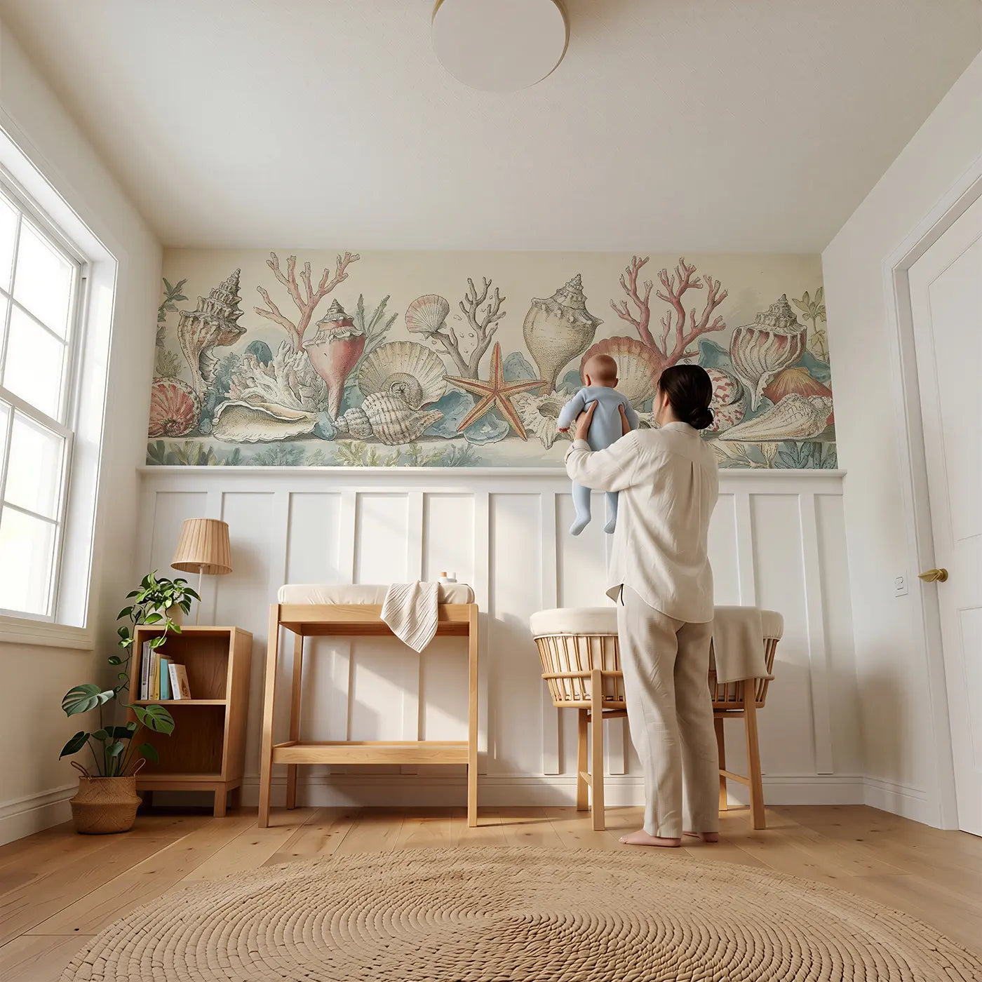 Child reading near Shell Collection Botanical Wainscoting Wallpaper by Whimsy Tots