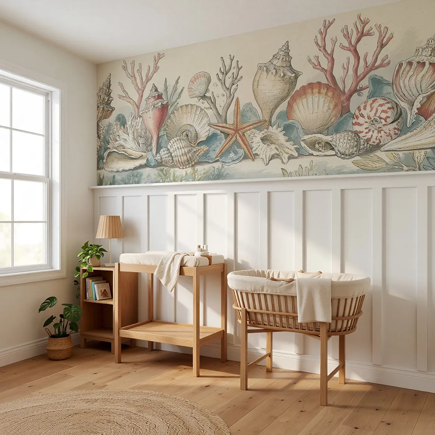 Shell Collection Botanical Wainscoting Wallpaper styled in a kids bedroom by Whimsy Tots
