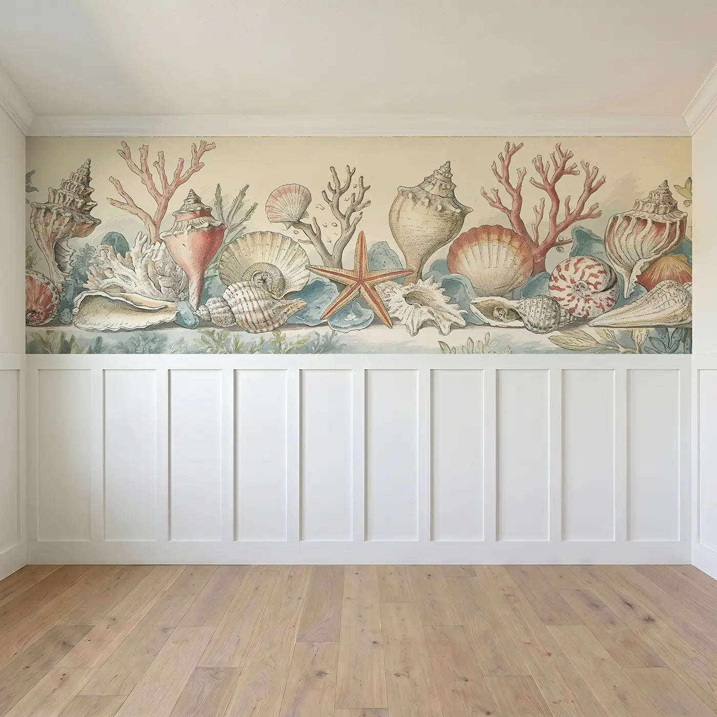 Full panel view of Shell Collection Botanical Wainscoting Wallpaper by Whimsy Tots