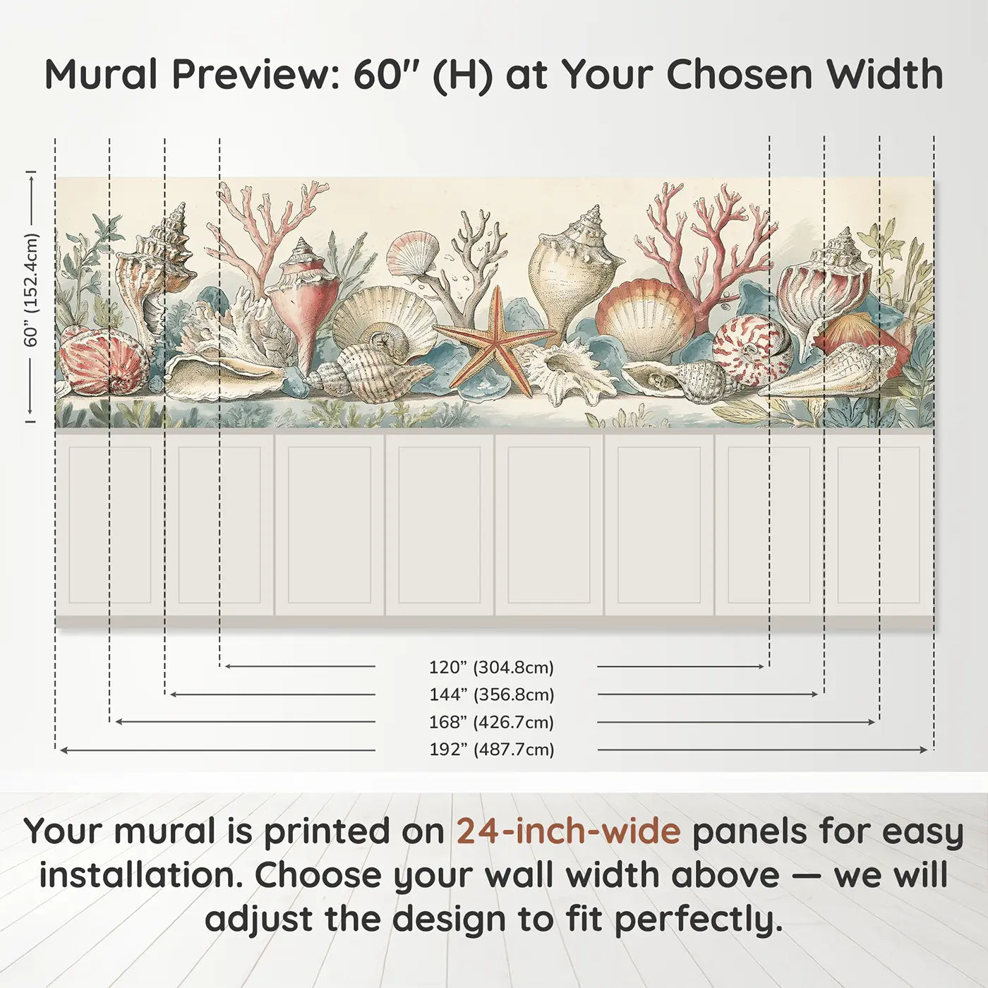 Panel dimensions for Shell Collection Botanical Wainscoting Wallpaper by Whimsy Tots