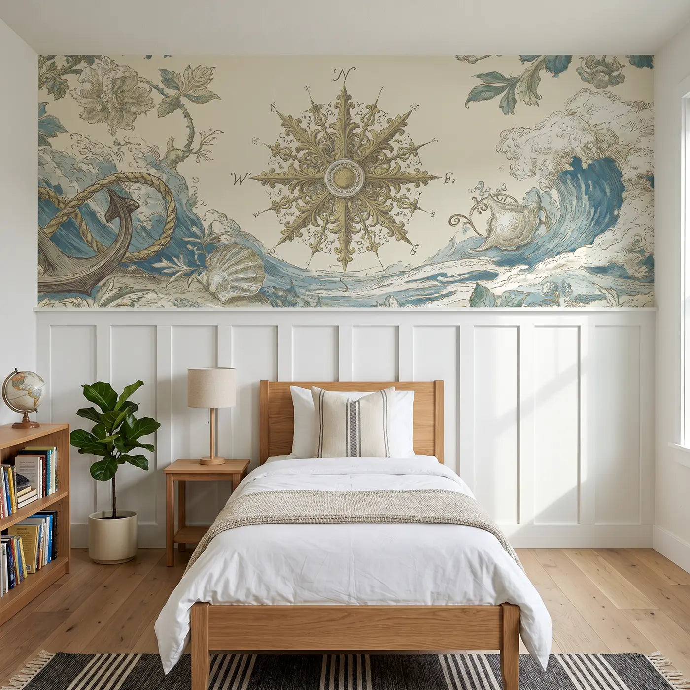 Botanical Elegance compass rose maritime map wainscoting wallpaper for bedroom by Whimsy Tots