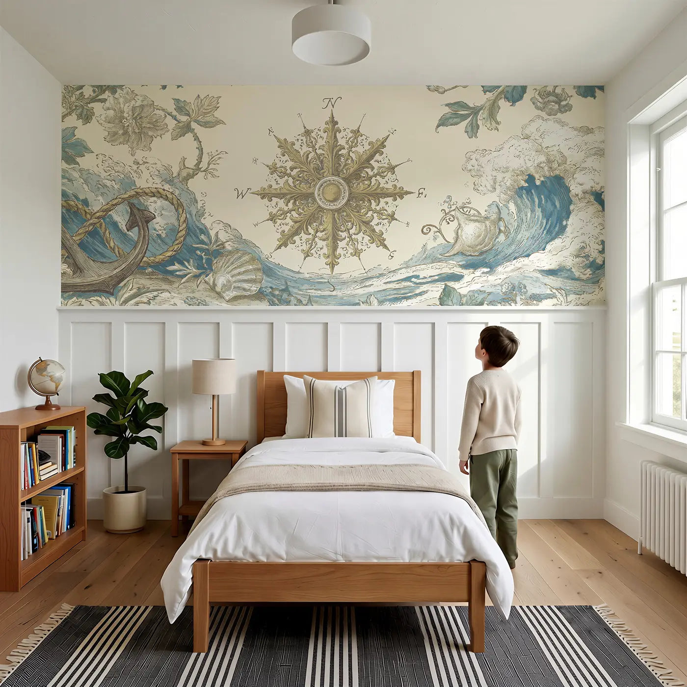 Child reading near Compass Rose Maritime Map Wainscoting Wallpaper by Whimsy Tots