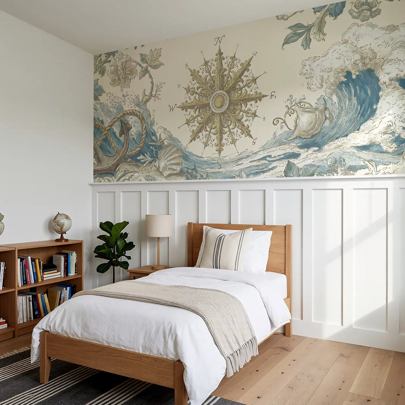 Compass Rose Maritime Map Wainscoting Wallpaper styled in a kids bedroom by Whimsy Tots