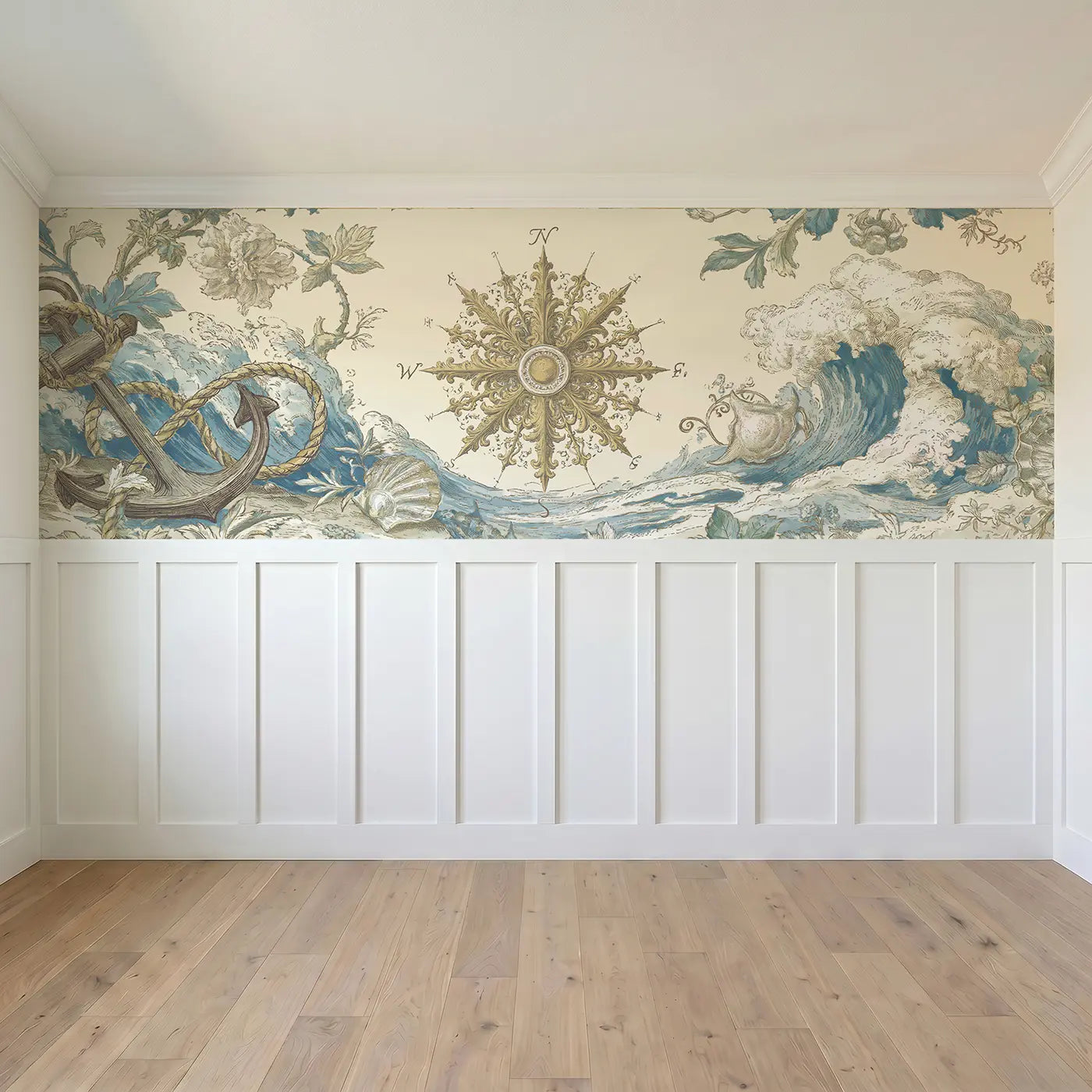Full panel view of Compass Rose Maritime Map Wainscoting Wallpaper by Whimsy Tots