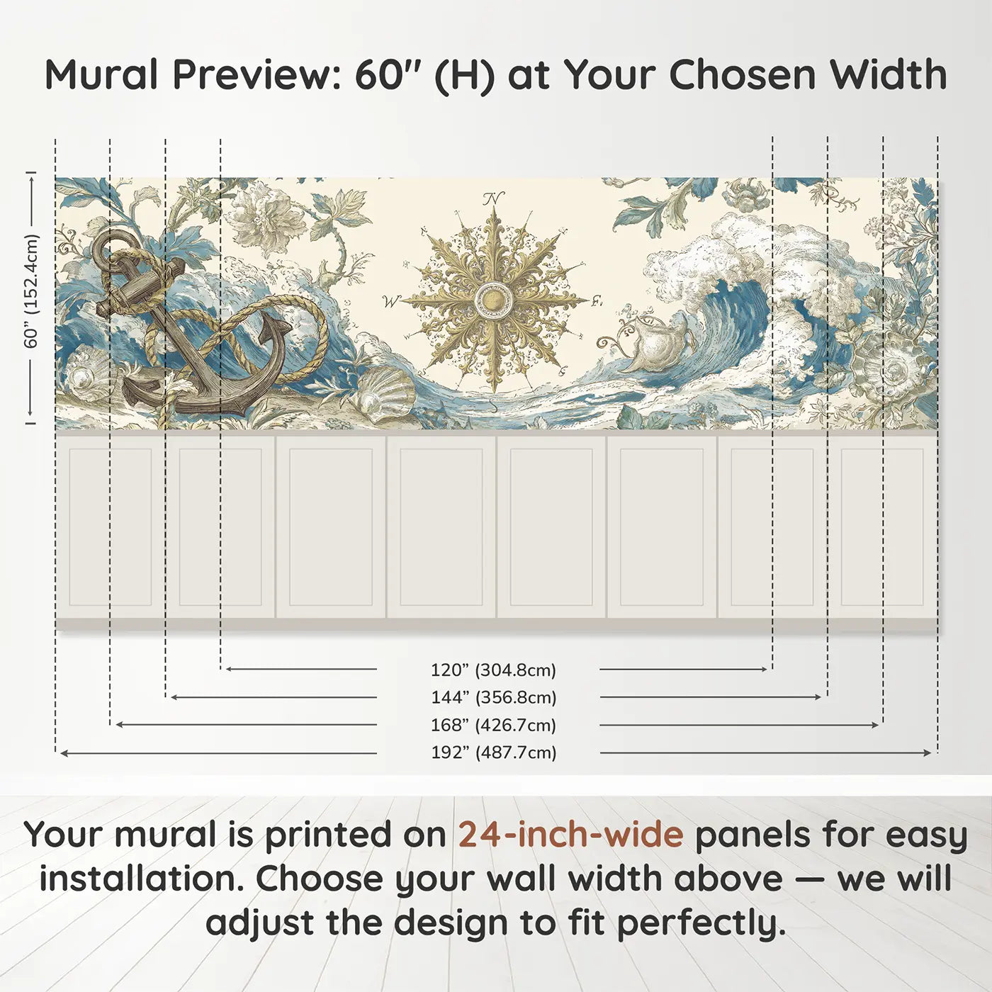 Panel dimensions for Compass Rose Maritime Map Wainscoting Wallpaper by Whimsy Tots