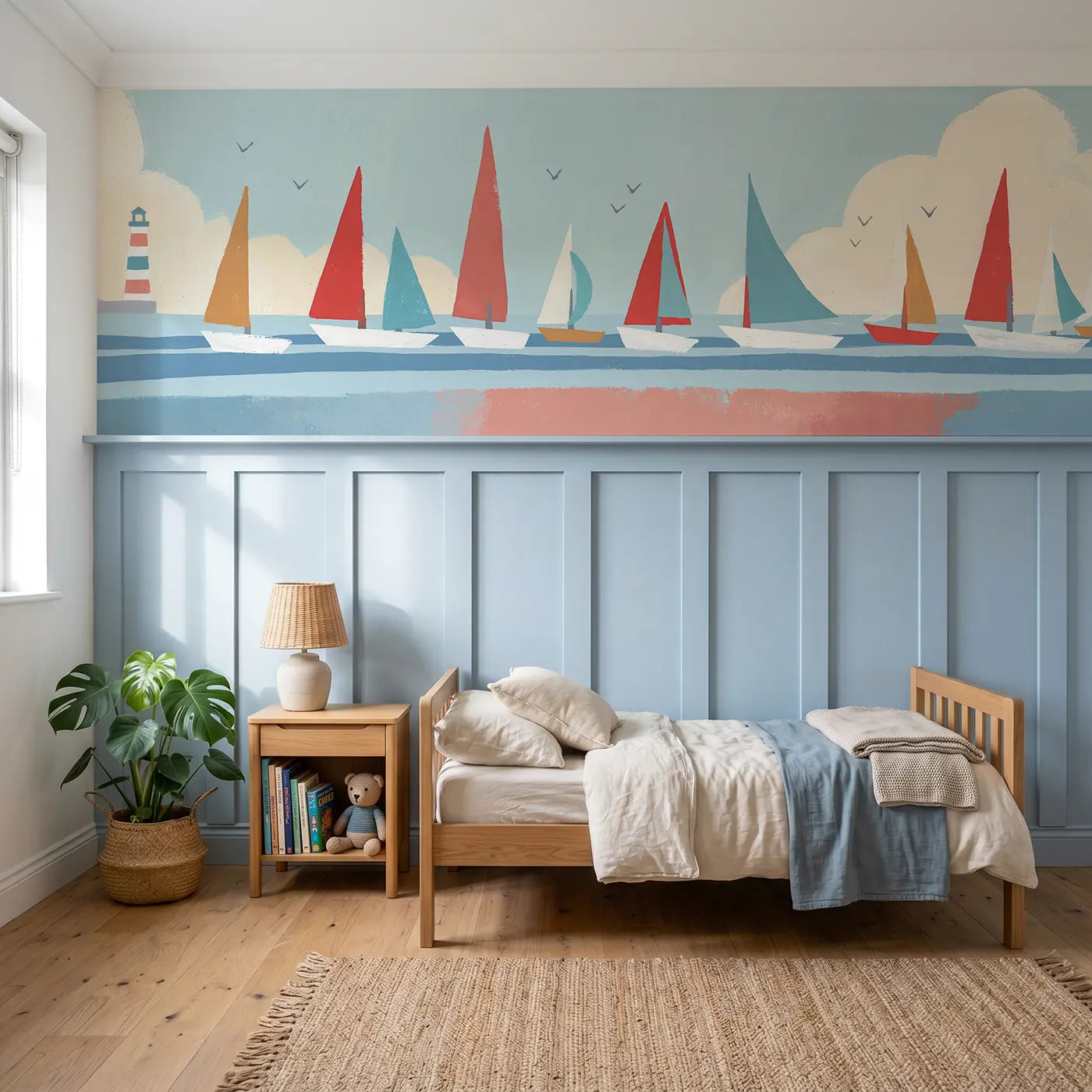 Modern Illustration graphic sailboat harbor wainscoting wallpaper for nursery by Whimsy Tots