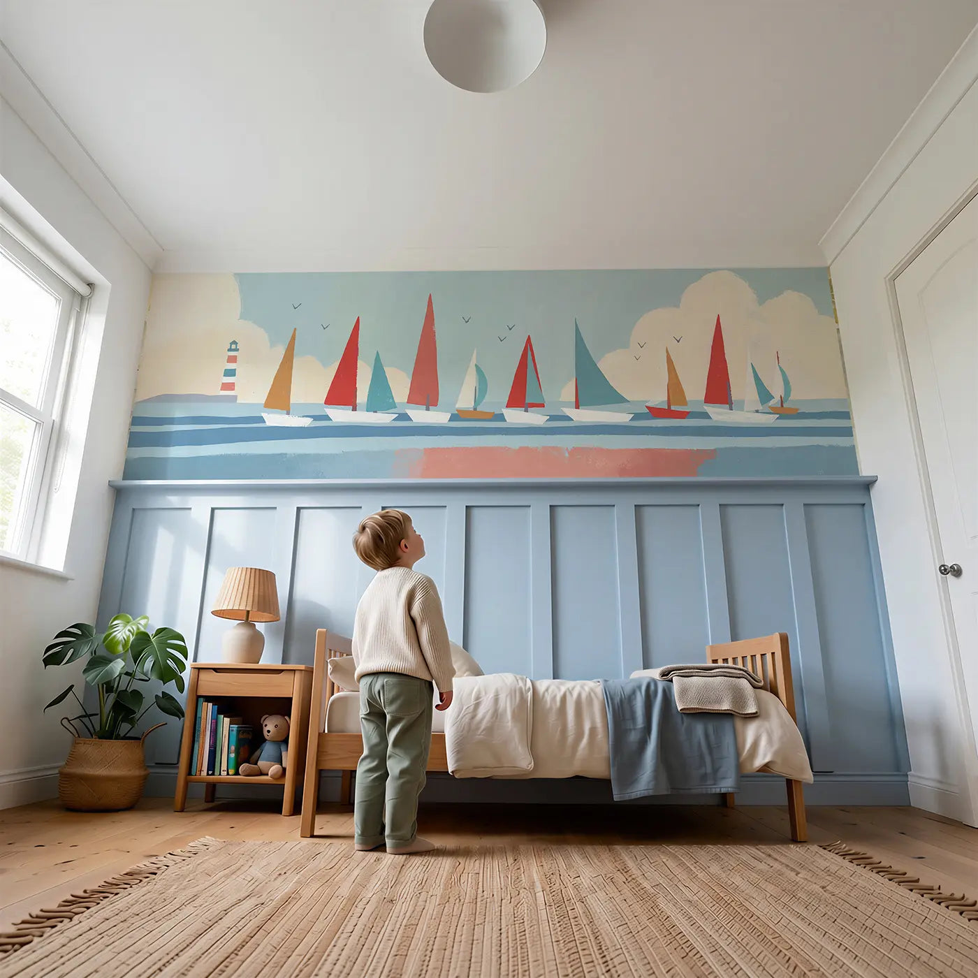 Child reading near Graphic Sailboat Harbor Wainscoting Wallpaper by Whimsy Tots