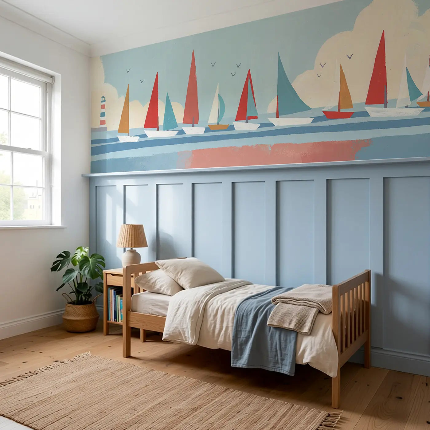 Graphic Sailboat Harbor Wainscoting Wallpaper styled in a kids bedroom by Whimsy Tots