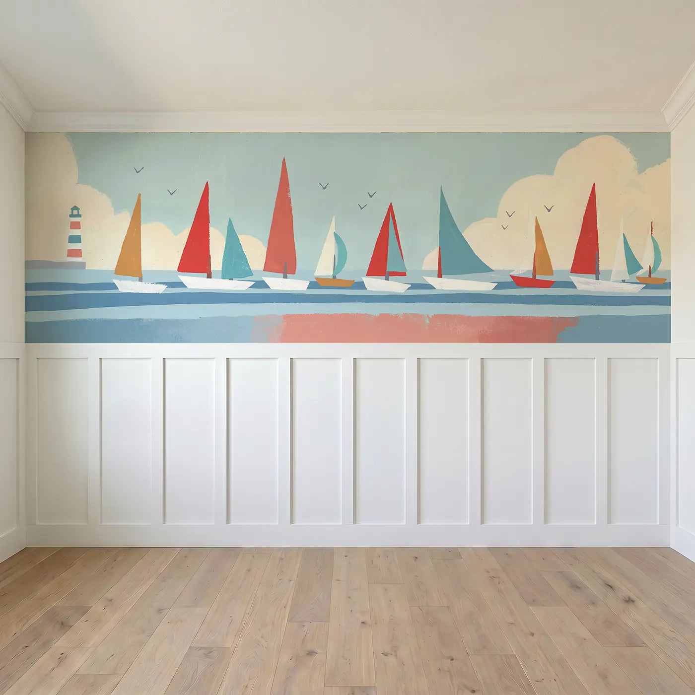 Full panel view of Graphic Sailboat Harbor Wainscoting Wallpaper by Whimsy Tots