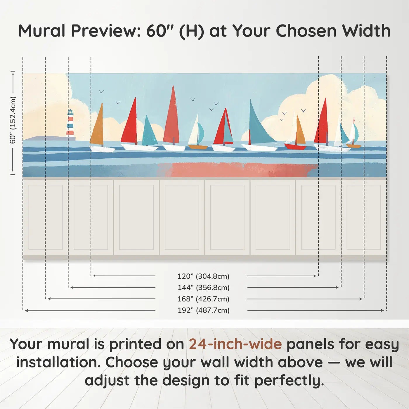 Panel dimensions for Graphic Sailboat Harbor Wainscoting Wallpaper by Whimsy Tots