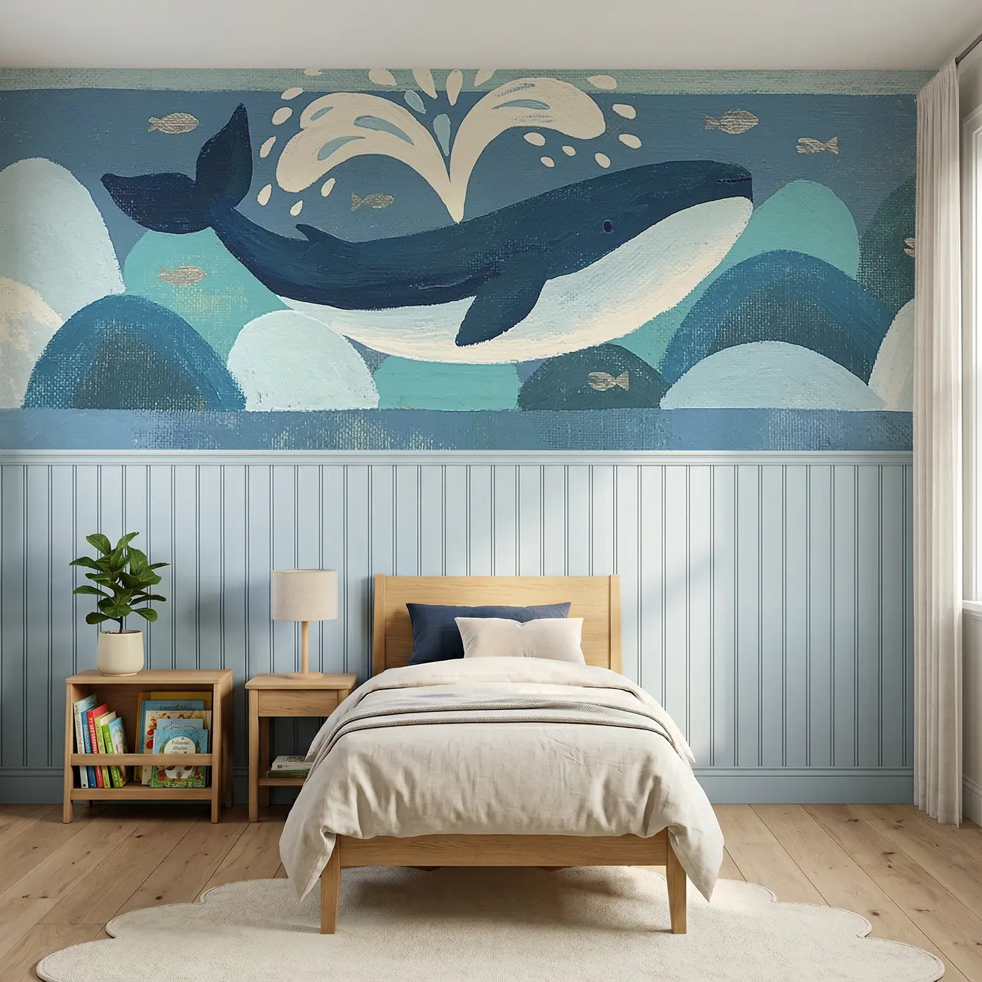 Modern Illustration bold whale waves flat wainscoting wallpaper for nursery by Whimsy Tots