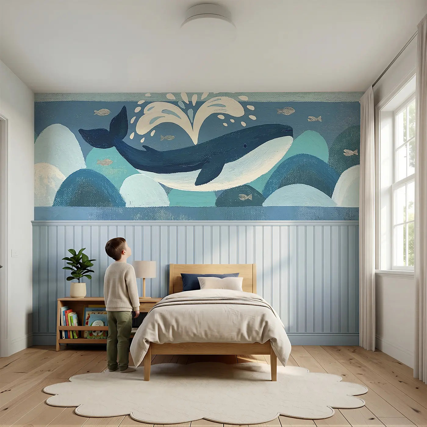 Child reading near Bold Whale Waves Flat Wainscoting Wallpaper by Whimsy Tots