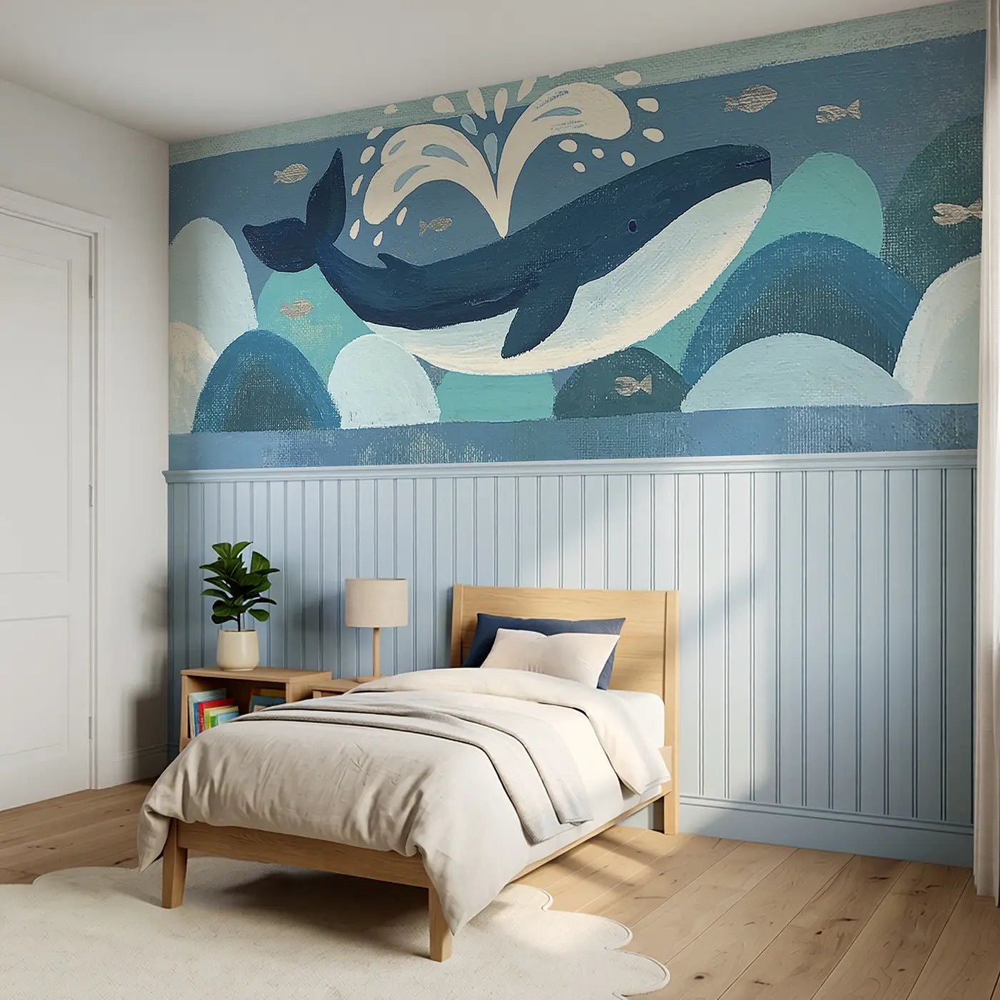 Bold Whale Waves Flat Wainscoting Wallpaper styled in a kids bedroom by Whimsy Tots