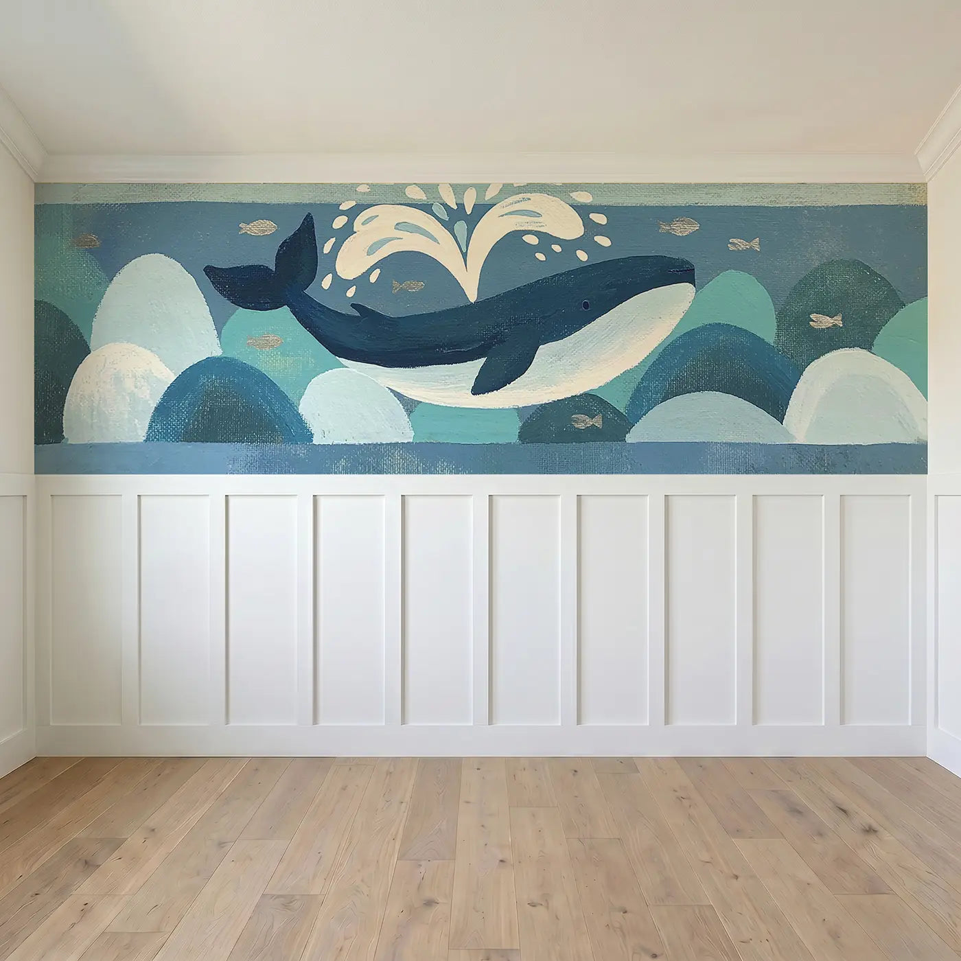 Full panel view of Bold Whale Waves Flat Wainscoting Wallpaper by Whimsy Tots