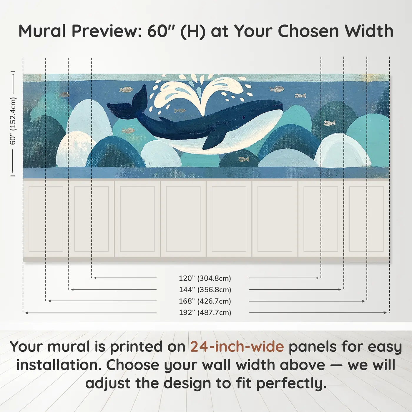Panel dimensions for Bold Whale Waves Flat Wainscoting Wallpaper by Whimsy Tots