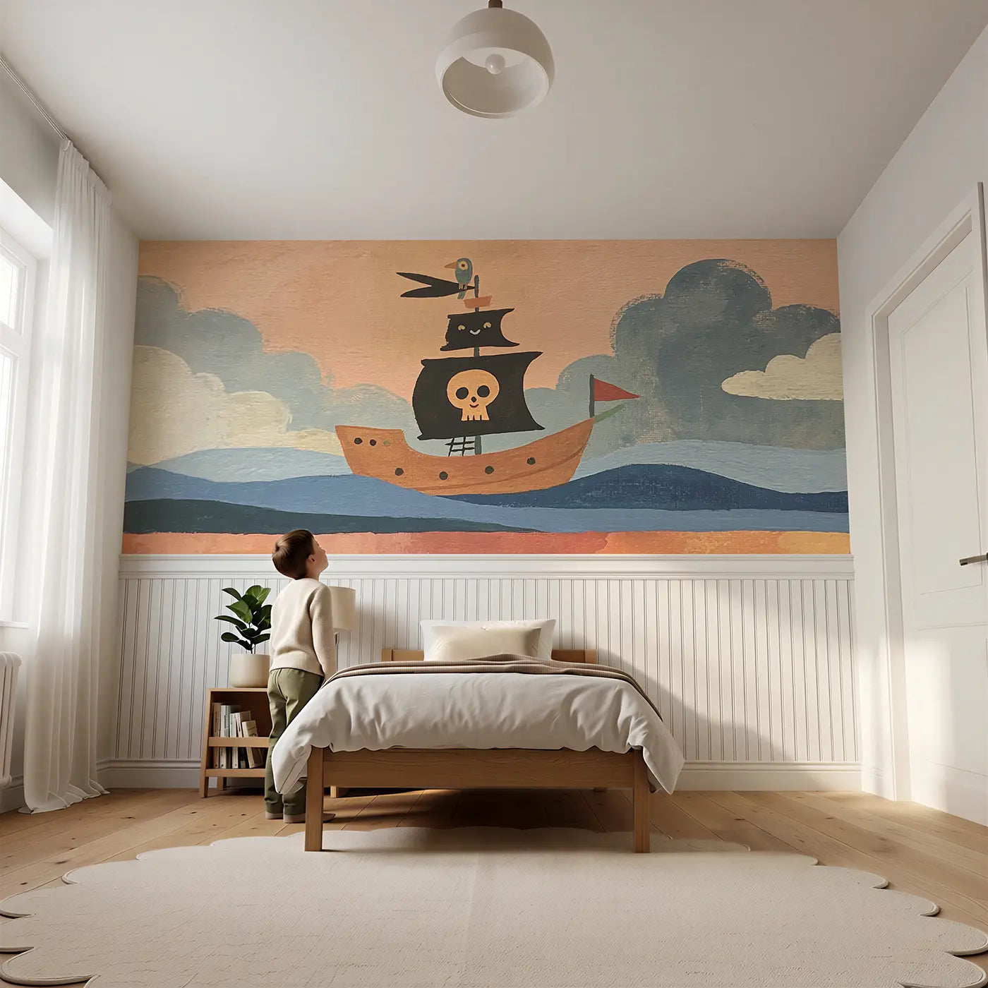 Child reading near Flat Pirate Ship Fun Wainscoting Wallpaper by Whimsy Tots