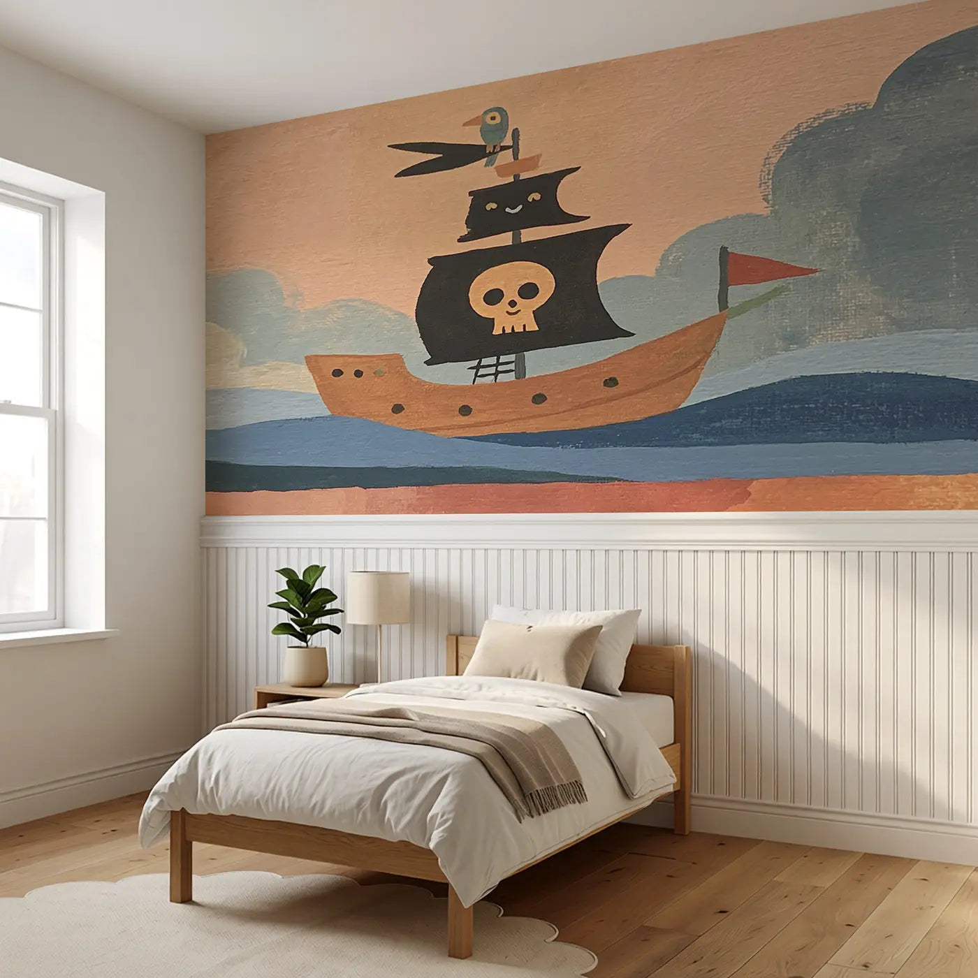 Flat Pirate Ship Fun Wainscoting Wallpaper styled in a kids bedroom by Whimsy Tots
