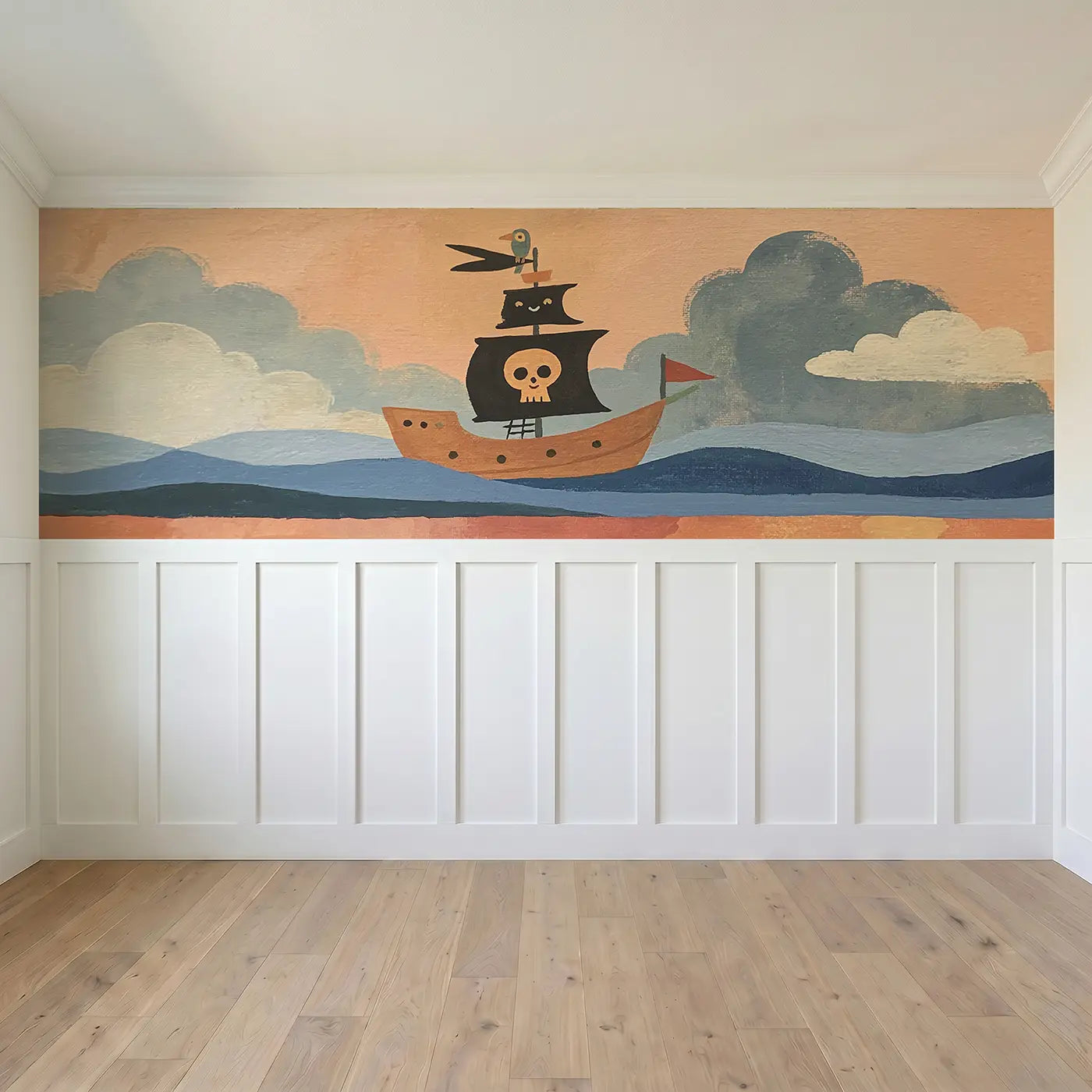 Full panel view of Flat Pirate Ship Fun Wainscoting Wallpaper by Whimsy Tots