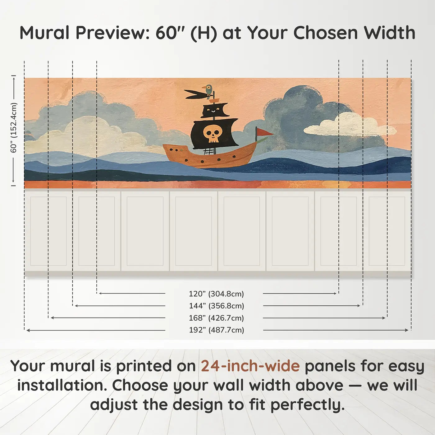 Panel dimensions for Flat Pirate Ship Fun Wainscoting Wallpaper by Whimsy Tots
