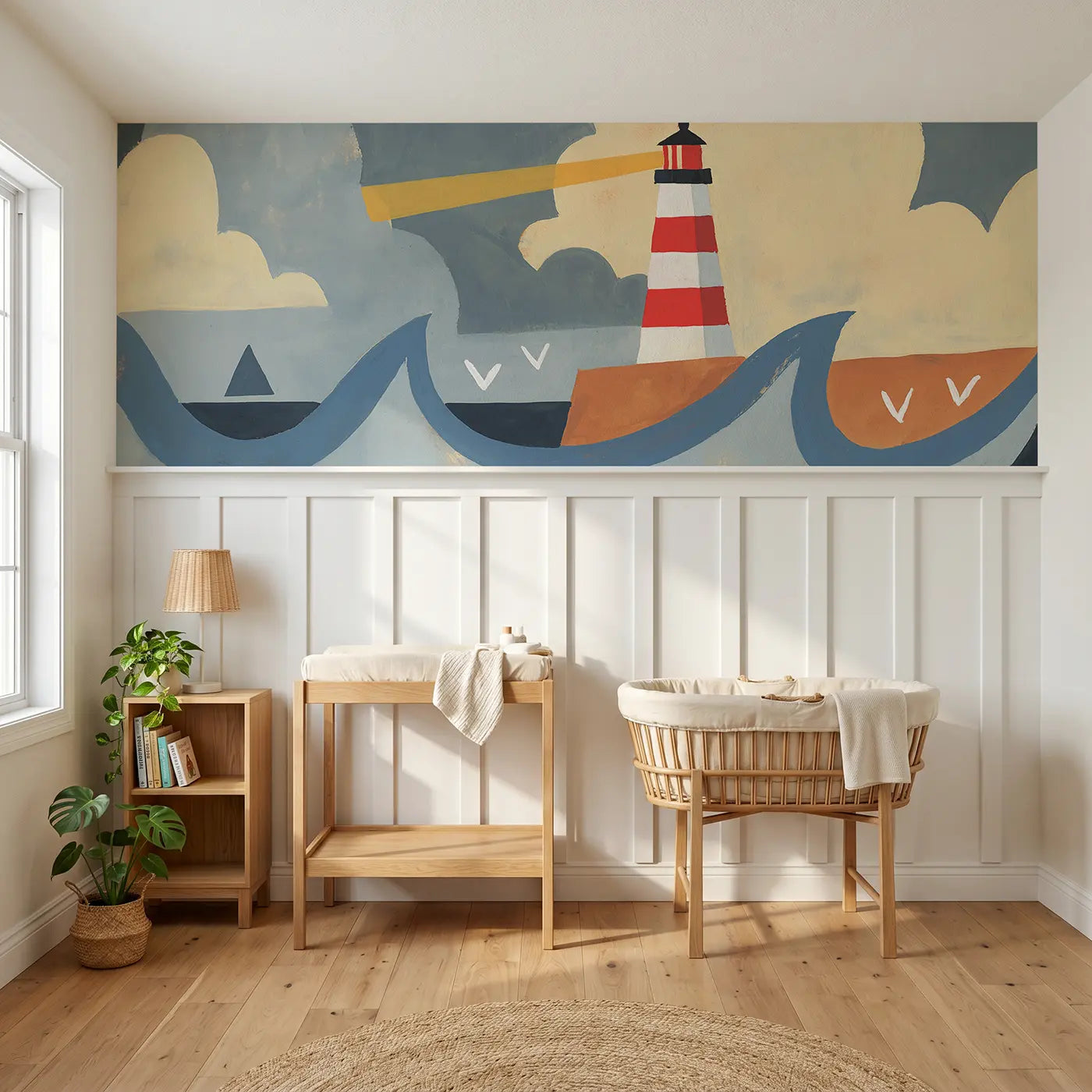 Modern Illustration Scandi lighthouse coastal wainscoting wallpaper for nursery by Whimsy Tots