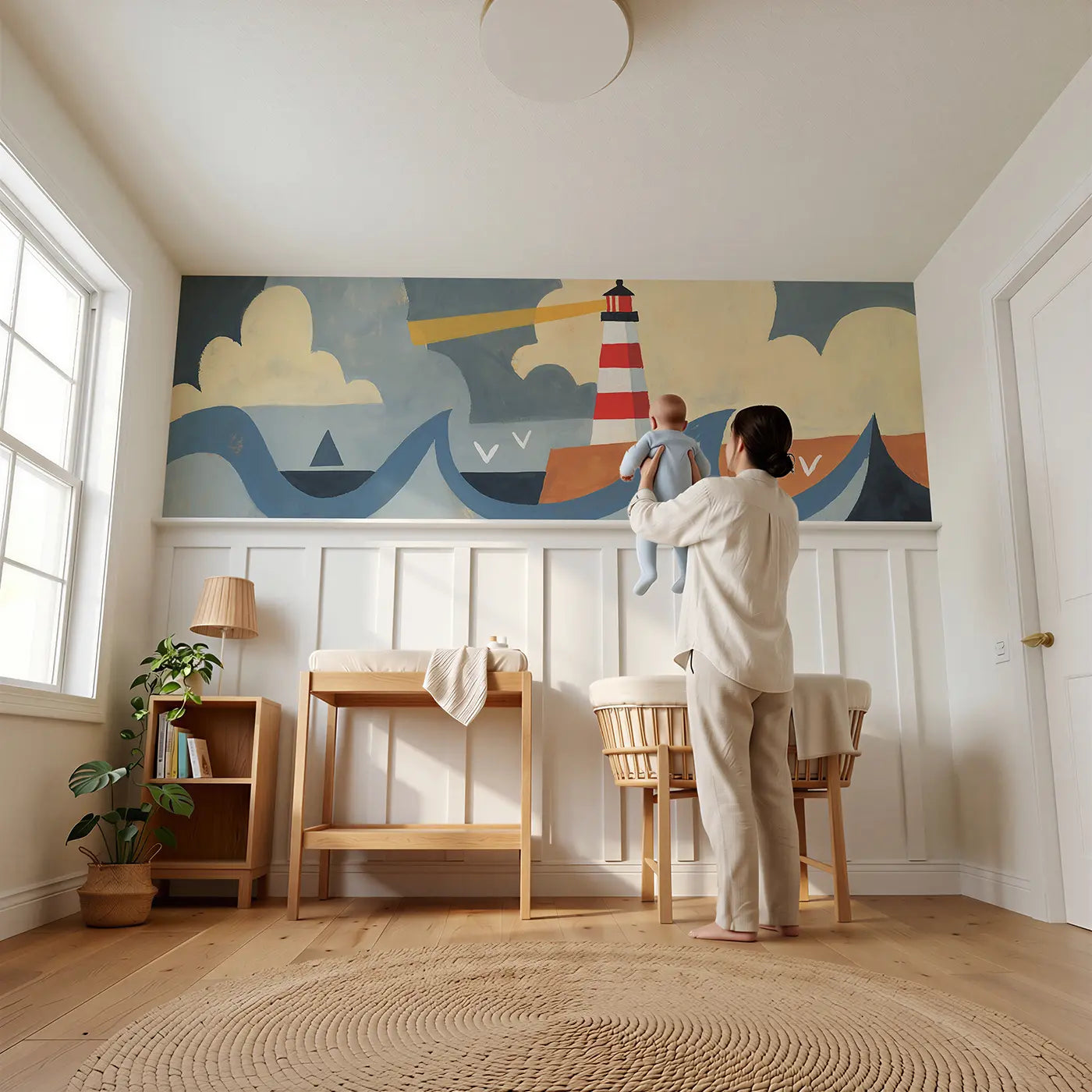 Child reading near Scandi Lighthouse Coastal Wainscoting Wallpaper by Whimsy Tots