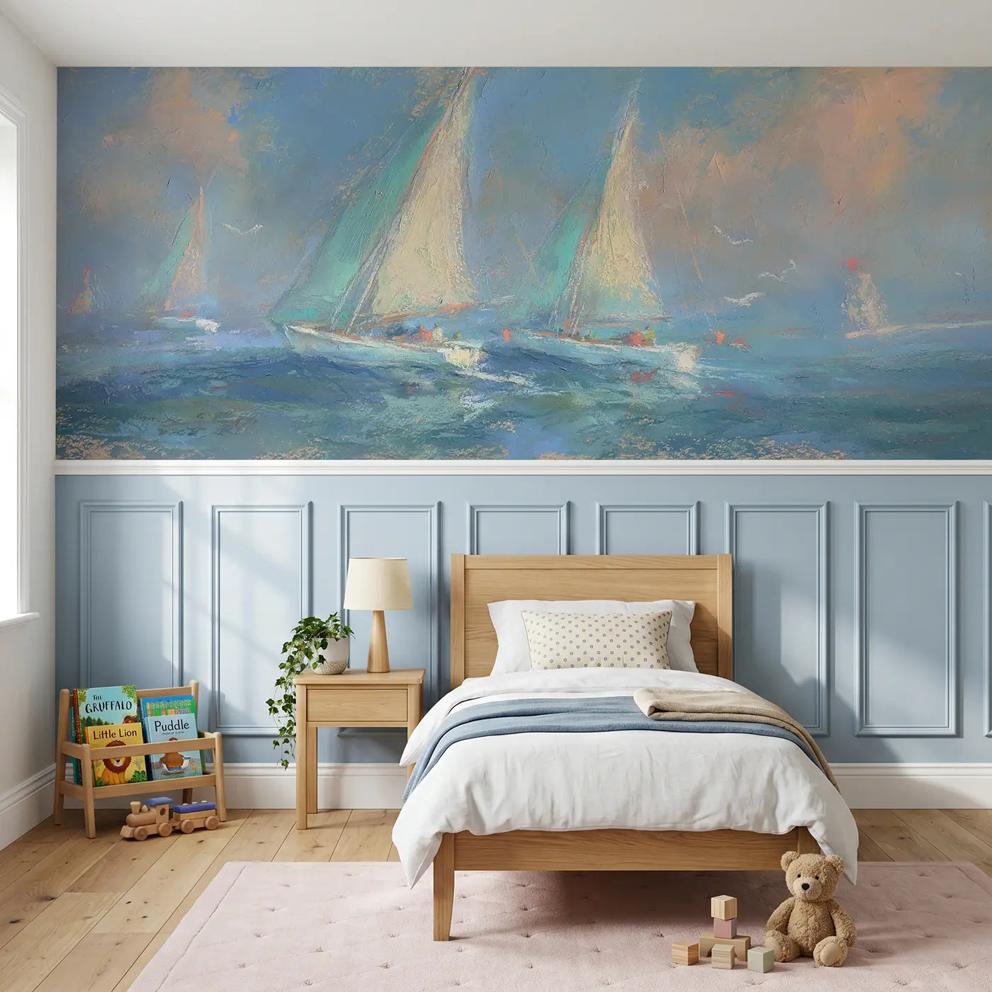Soft Pastel chalk sailboat sea wainscoting wallpaper for nursery by Whimsy Tots