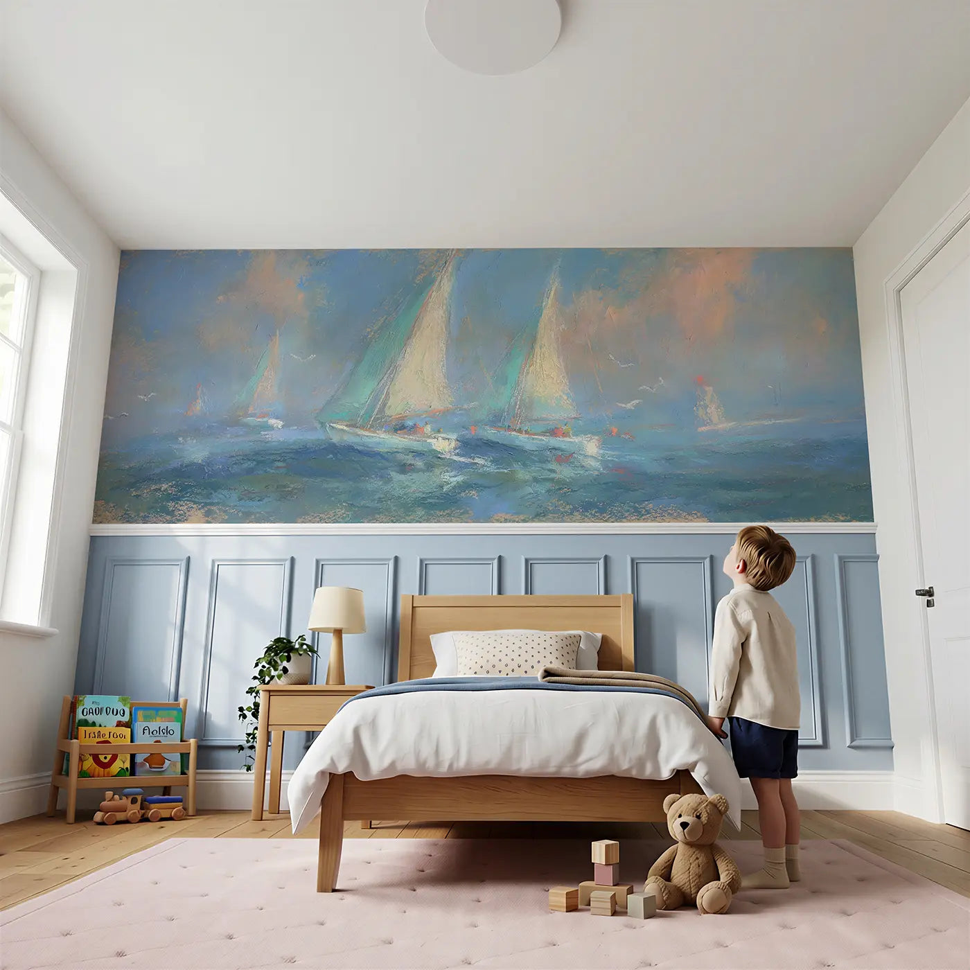 Child reading near Chalk Sailboat Soft Sea Wainscoting Wallpaper by Whimsy Tots