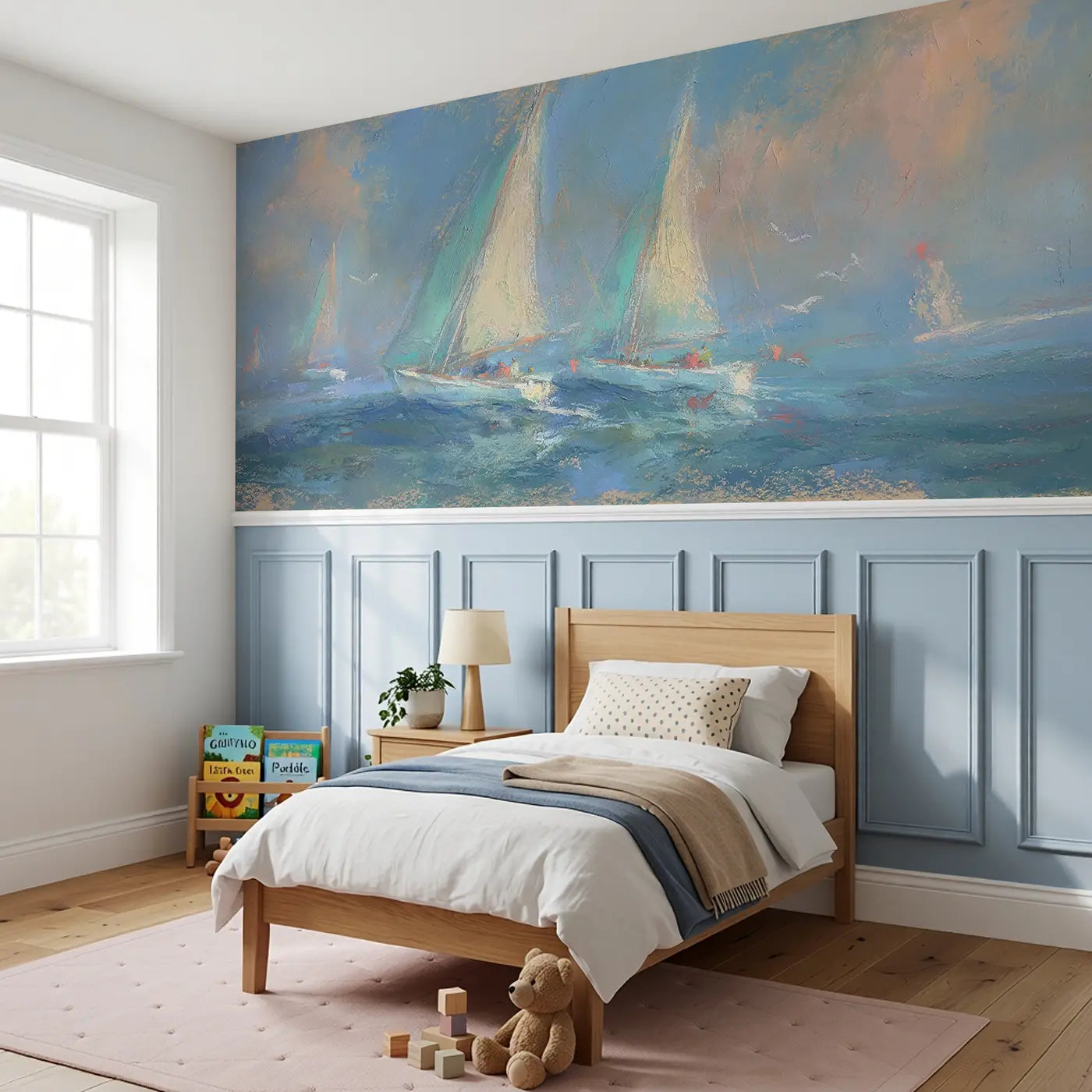 Chalk Sailboat Soft Sea Wainscoting Wallpaper styled in a kids bedroom by Whimsy Tots