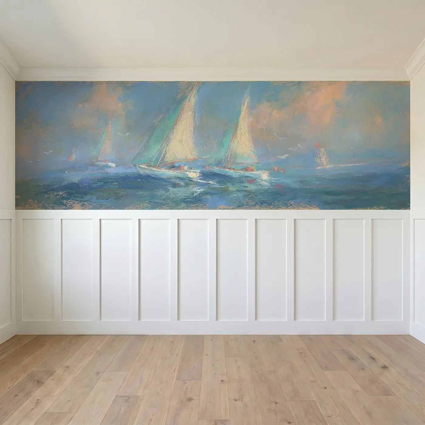 Full panel view of Chalk Sailboat Soft Sea Wainscoting Wallpaper by Whimsy Tots