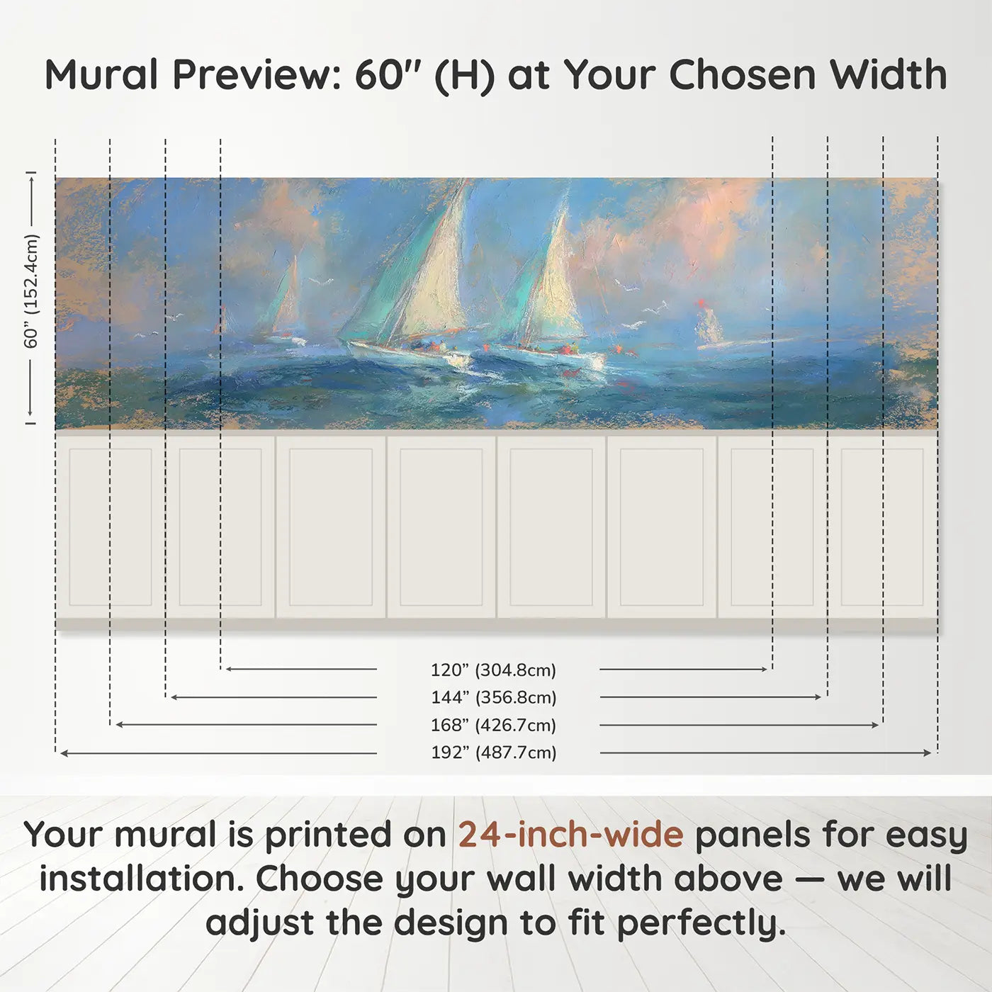 Panel dimensions for Chalk Sailboat Soft Sea Wainscoting Wallpaper by Whimsy Tots
