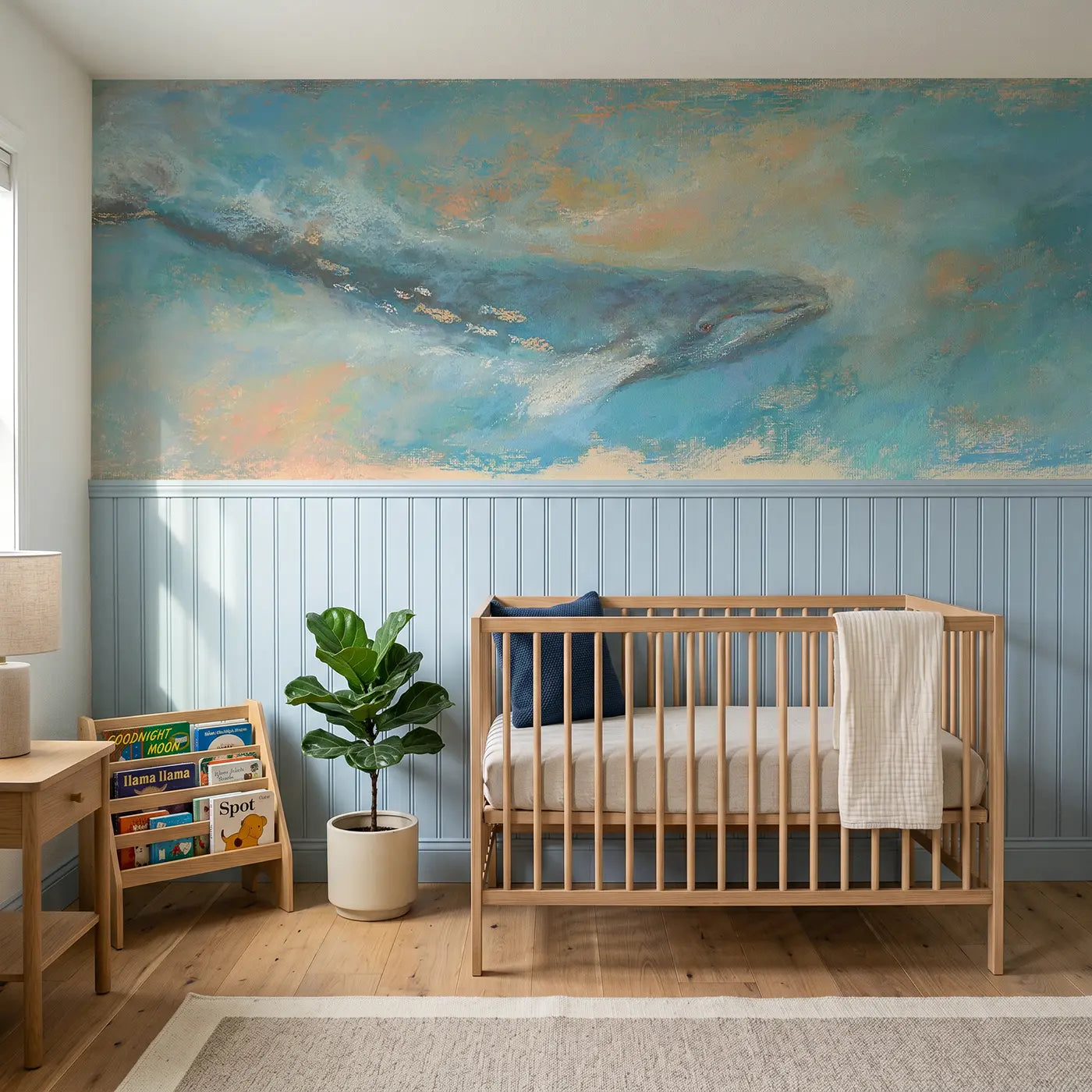 Soft Pastel whale ocean wainscoting wallpaper for nursery by Whimsy Tots