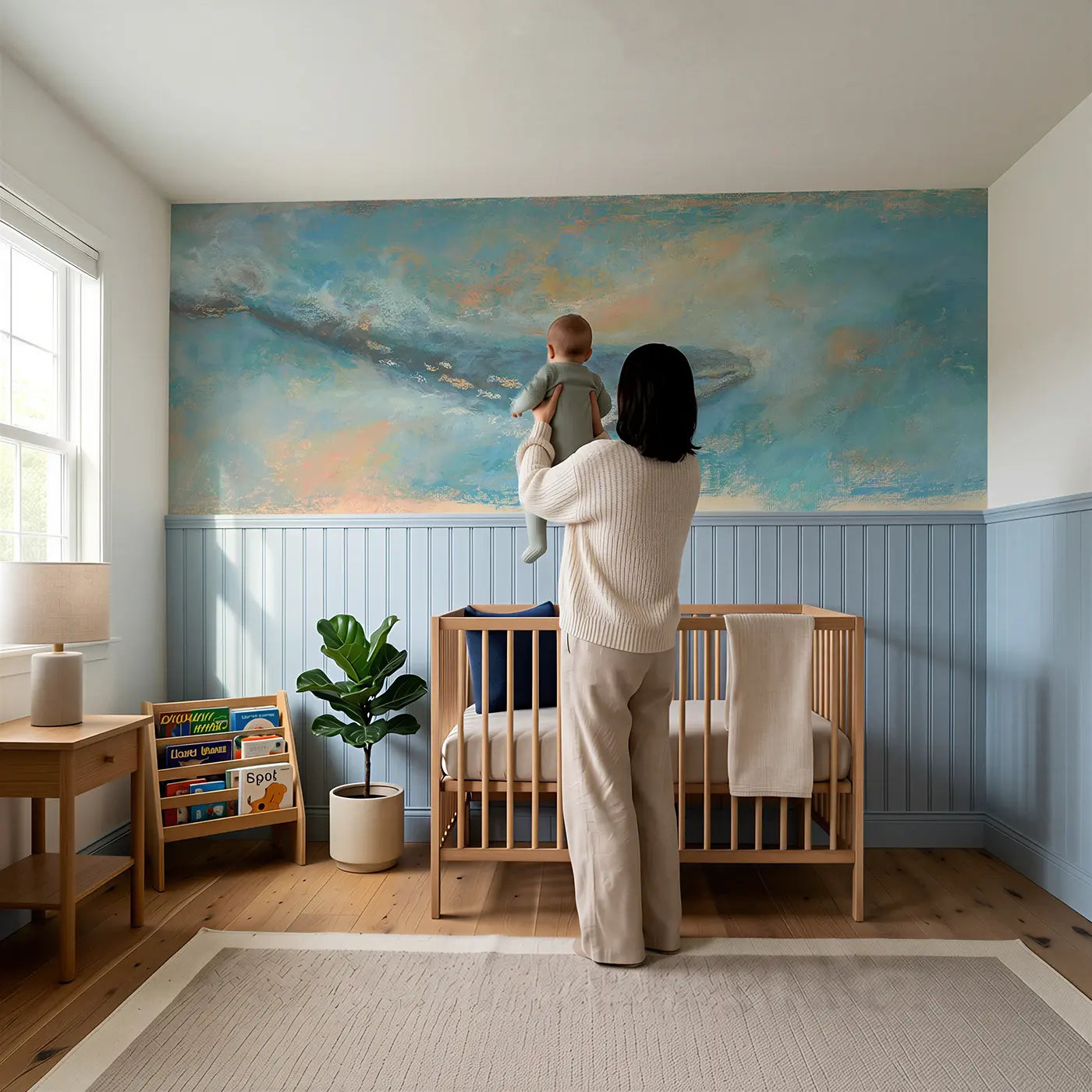 Child reading near Pastel Whale Soft Ocean Wainscoting Wallpaper by Whimsy Tots