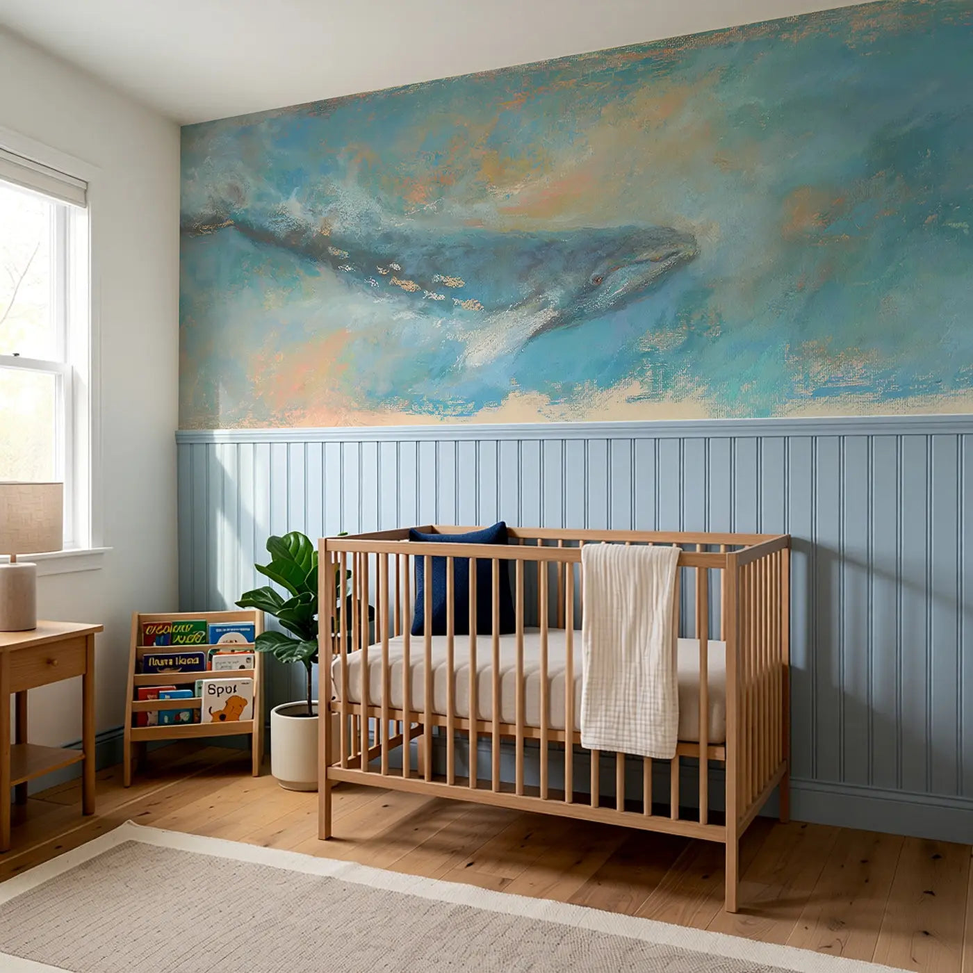 Pastel Whale Soft Ocean Wainscoting Wallpaper styled in a kids bedroom by Whimsy Tots