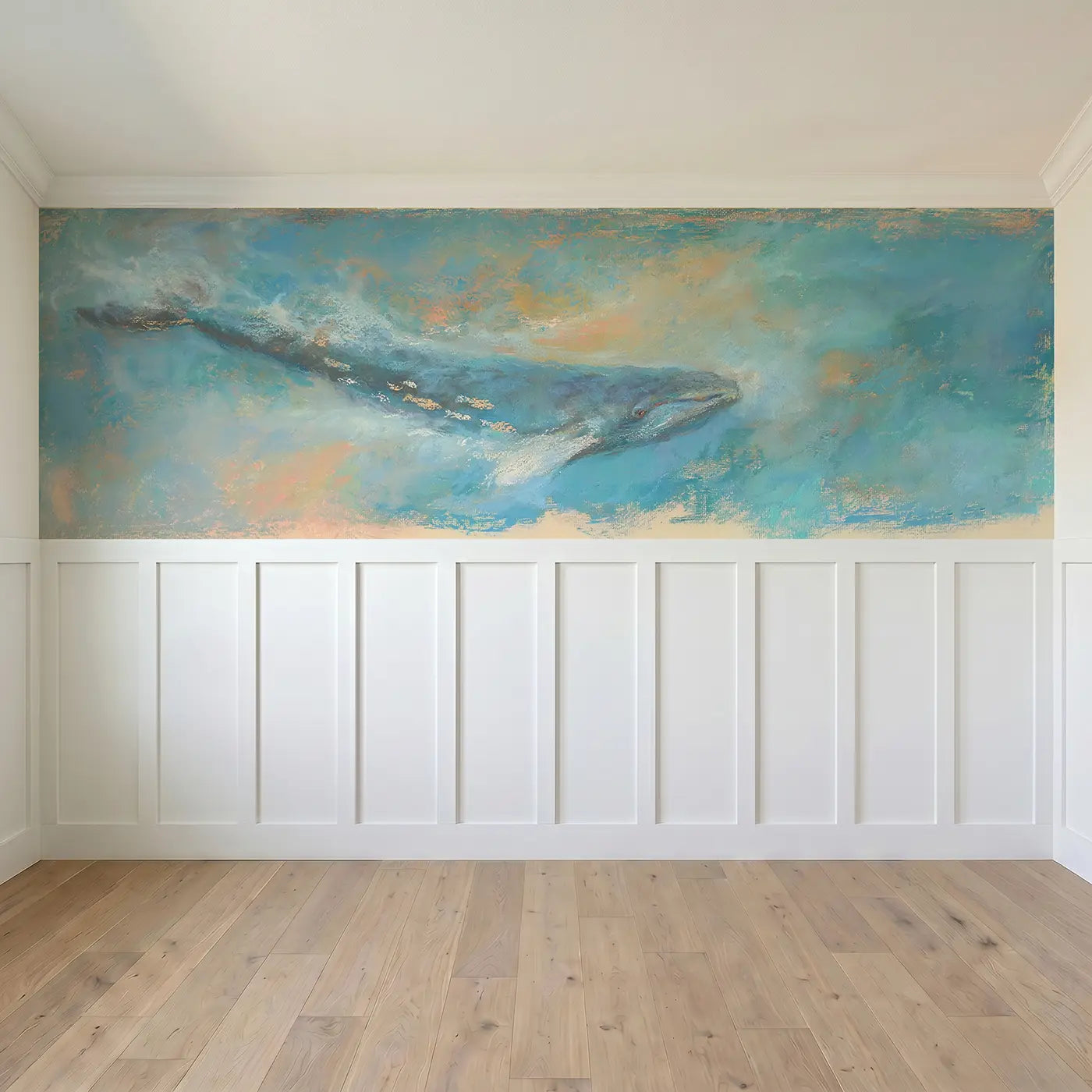 Full panel view of Pastel Whale Soft Ocean Wainscoting Wallpaper by Whimsy Tots