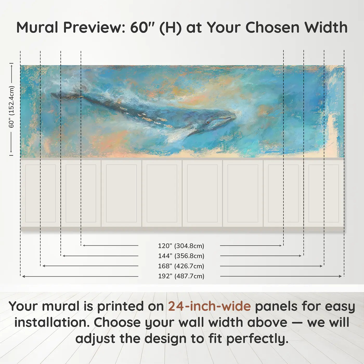 Panel dimensions for Pastel Whale Soft Ocean Wainscoting Wallpaper by Whimsy Tots