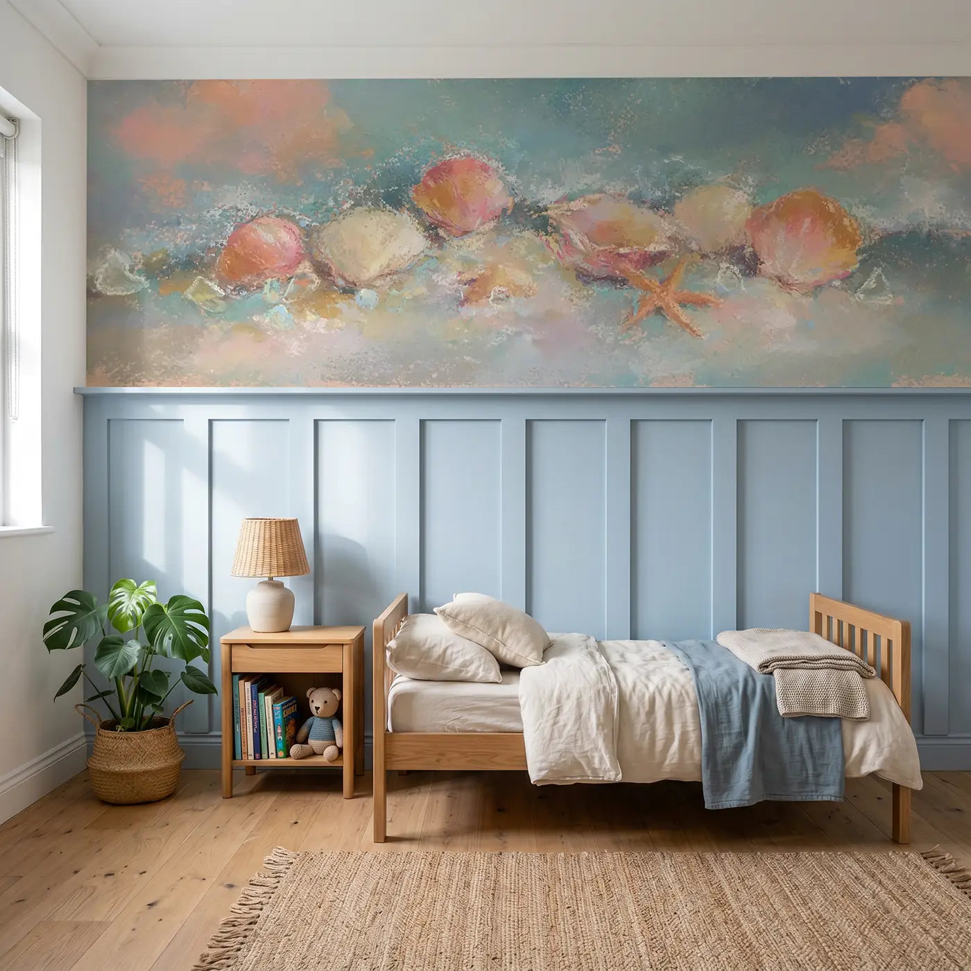 Soft Pastel chalk beach shell treasure wainscoting wallpaper for nursery by Whimsy Tots